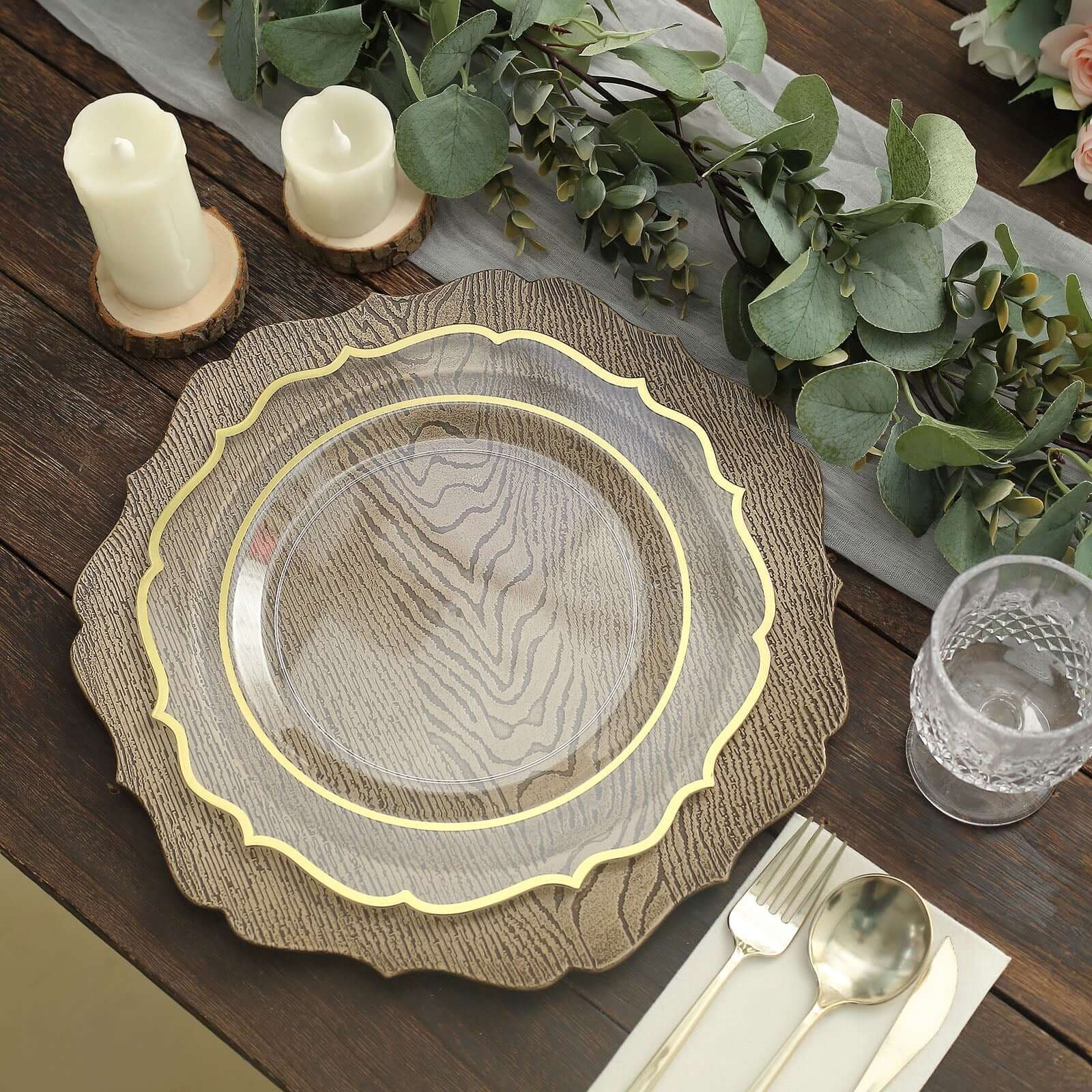 6-Pack Acrylic Charger Plates 13" Round Rustic Natural with Wood Grain Scalloped Rim - Dinner Charger Tableware - Image 7