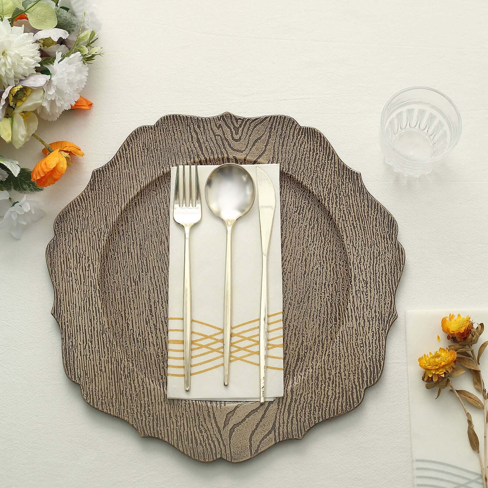 6-Pack Acrylic Charger Plates 13" Round Rustic Natural with Wood Grain Scalloped Rim - Dinner Charger Tableware - Image 8