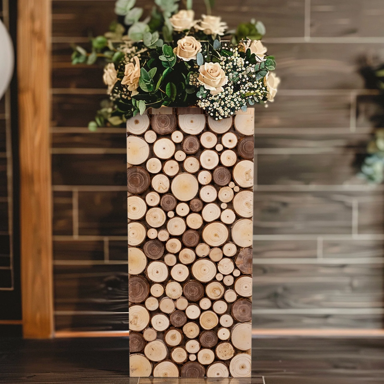 Natural Wooden Slices Pillar Prop Pedestal Stand, Rustic Farmhouse Wood Riser Rectangular Plant Stand - 24" - Image 3