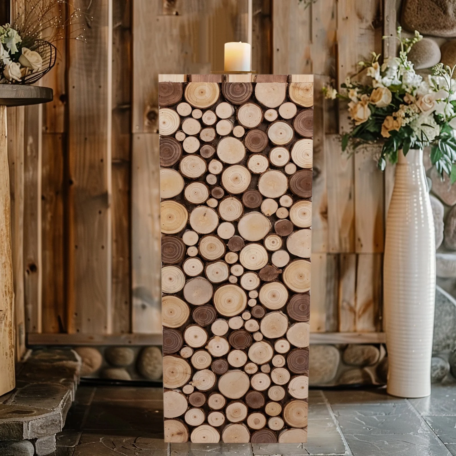 Natural Wooden Slices Pillar Prop Pedestal Stand, Rustic Farmhouse Wood Riser Rectangular Plant Stand - 30" - Image 2