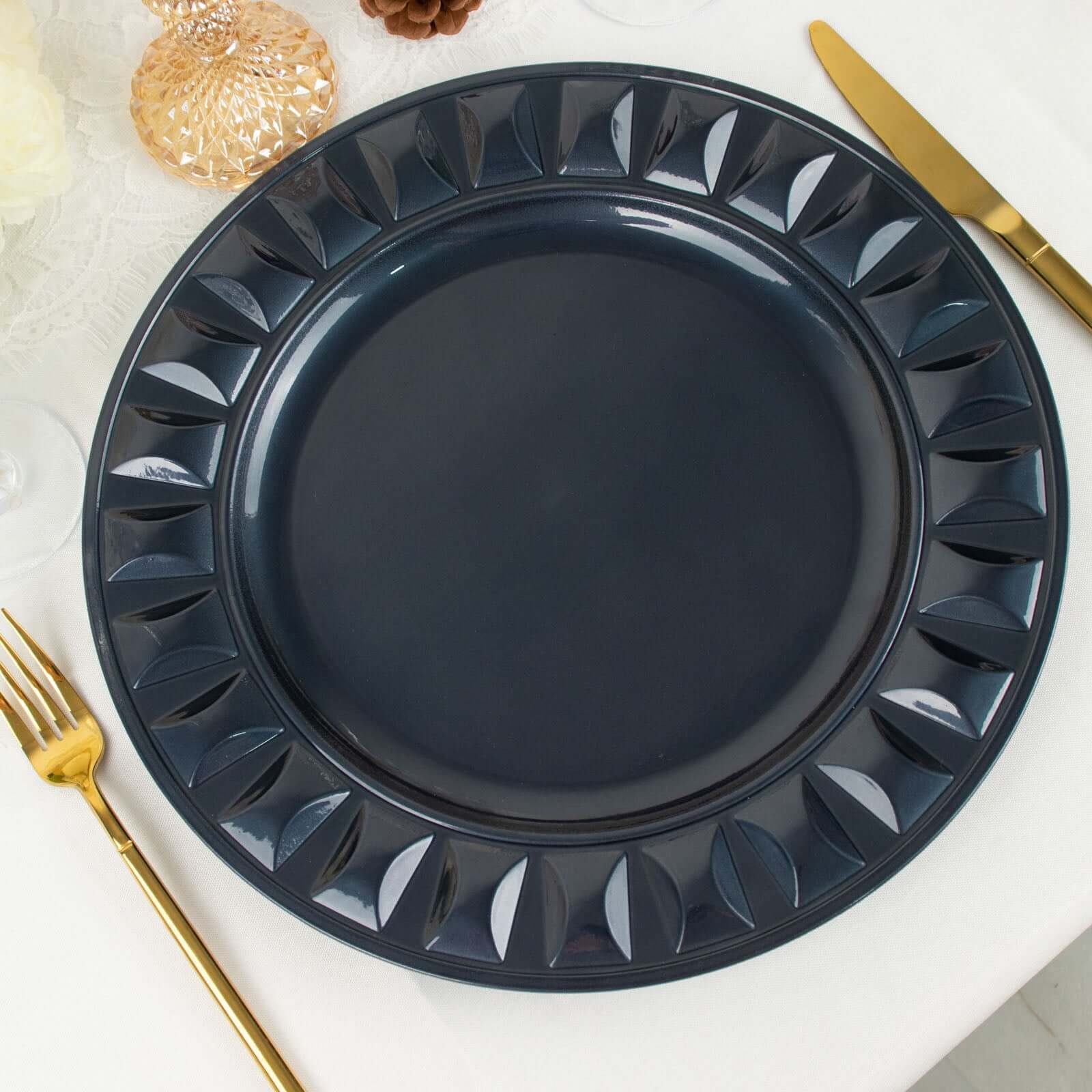 6-Pack Plastic Charger Plates 13" Round Navy Blue Bejeweled Rim - Dinner Charger Tableware