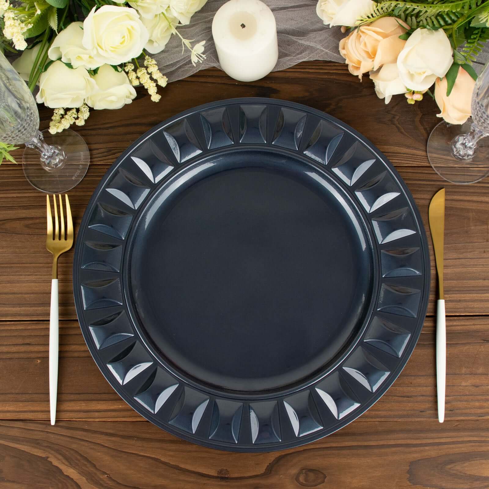 6-Pack Plastic Charger Plates 13" Round Navy Blue Bejeweled Rim - Dinner Charger Tableware - Image 11