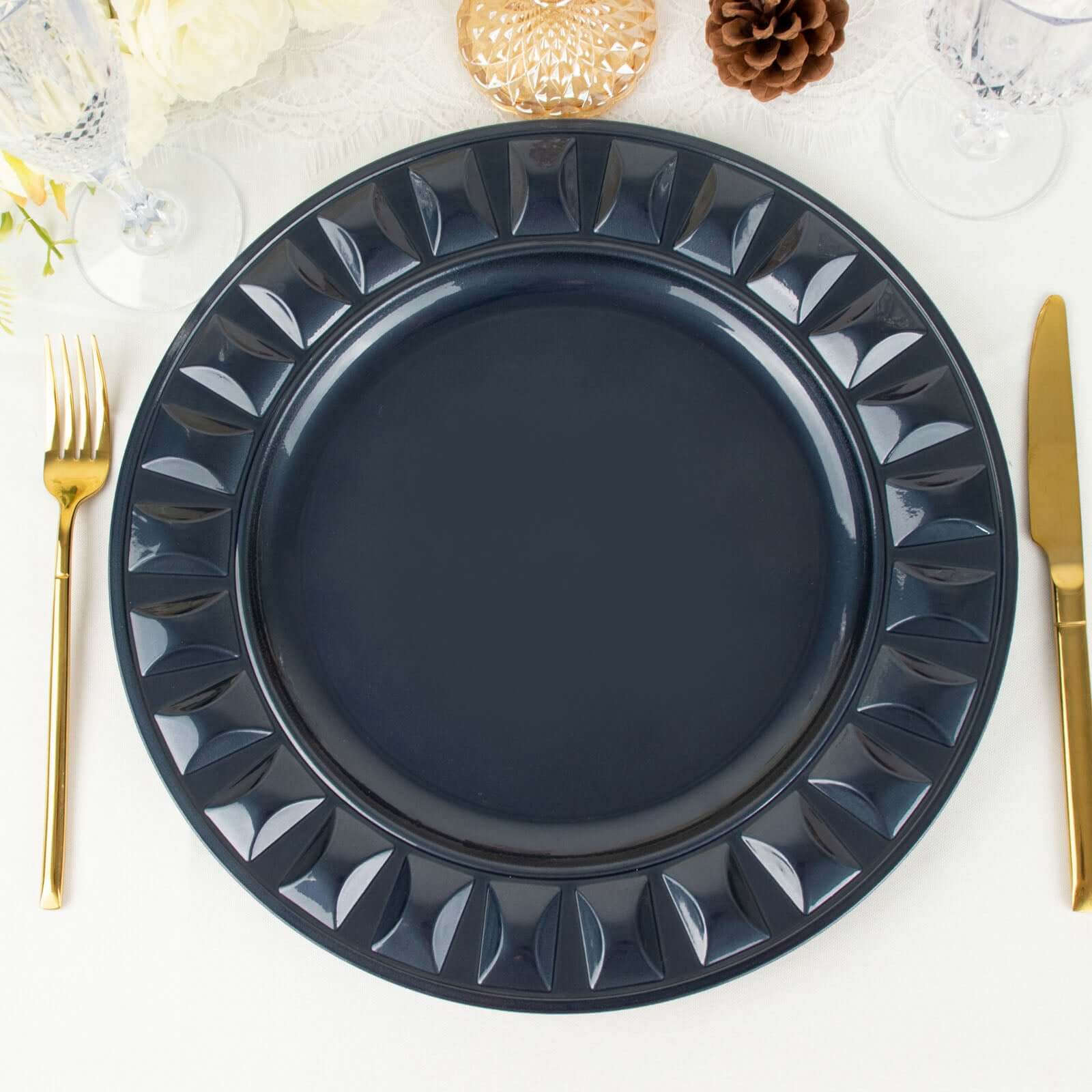 6-Pack Plastic Charger Plates 13" Round Navy Blue Bejeweled Rim - Dinner Charger Tableware - Image 5