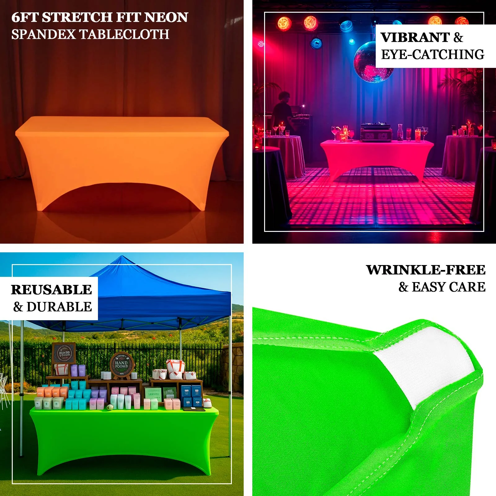 Glow Neon Green Fitted Tablecloth – 6ft Spandex, Wrinkle-Free Cover for Rectangular Tables - Image 3