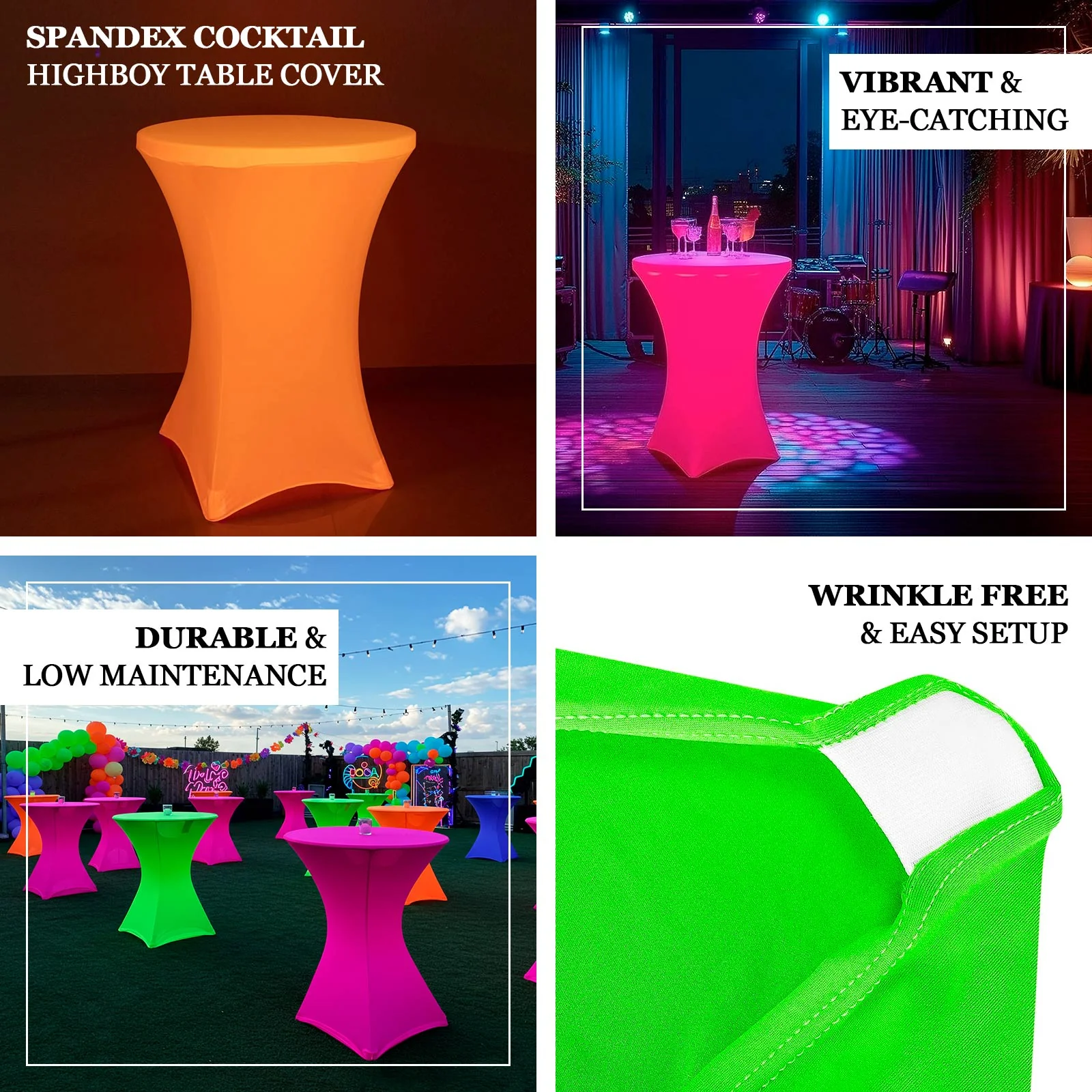 Glow Neon Green Fitted Round Cocktail Table Cover 30" Spandex, Wrinkle-Free Cover - Image 3