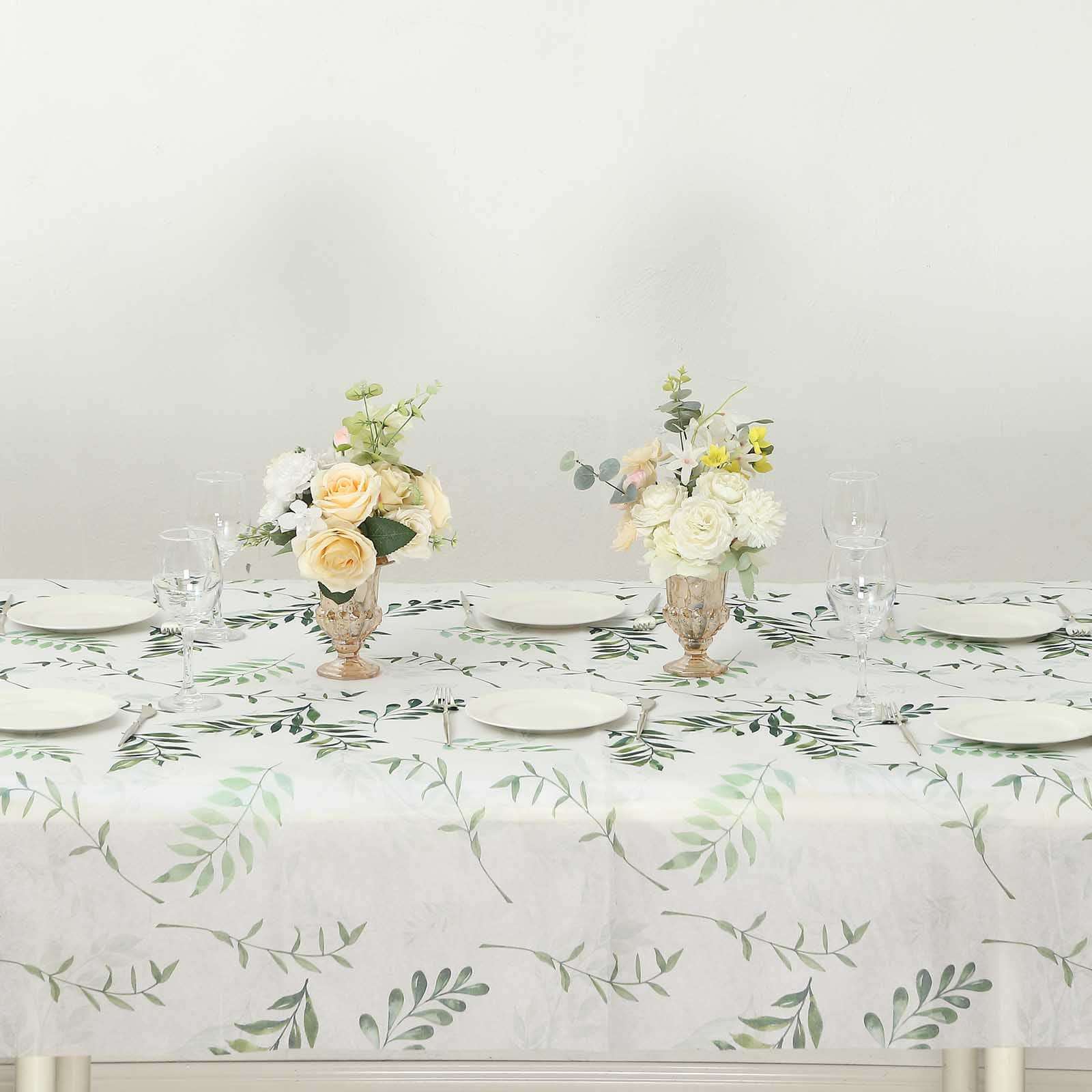 Non-Woven Tablecloth 60"x102" Rectangle White/Green with Olive Leaves Print - Disposable Cover for Spring Dining - Image 9