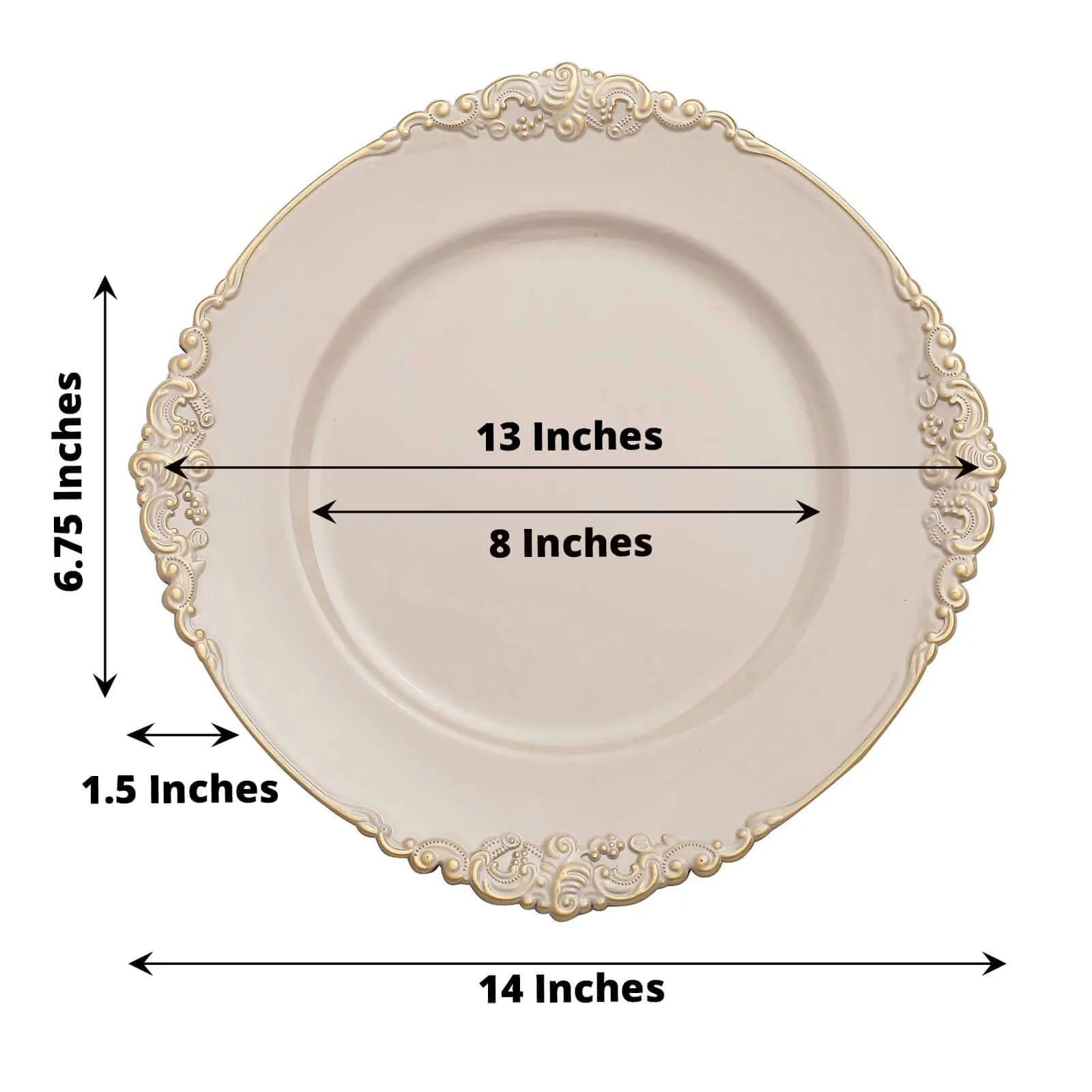 6-Pack Acrylic Charger Plates 13" Round Nude Taupe with Gold Embossed Baroque Rim - Antique Decorative Dinner Tableware - Image 3