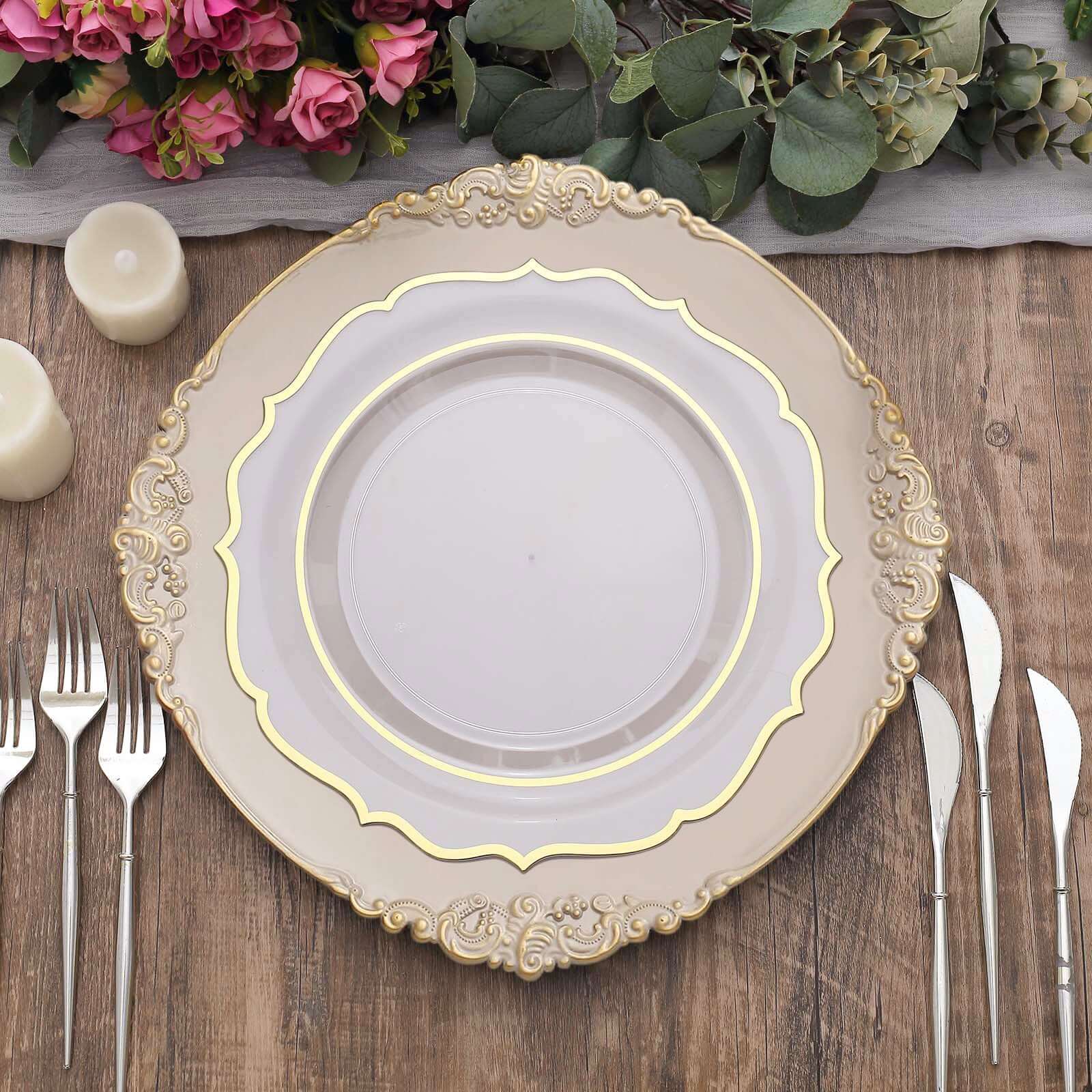 6-Pack Acrylic Charger Plates 13" Round Nude Taupe with Gold Embossed Baroque Rim - Antique Decorative Dinner Tableware - Image 7
