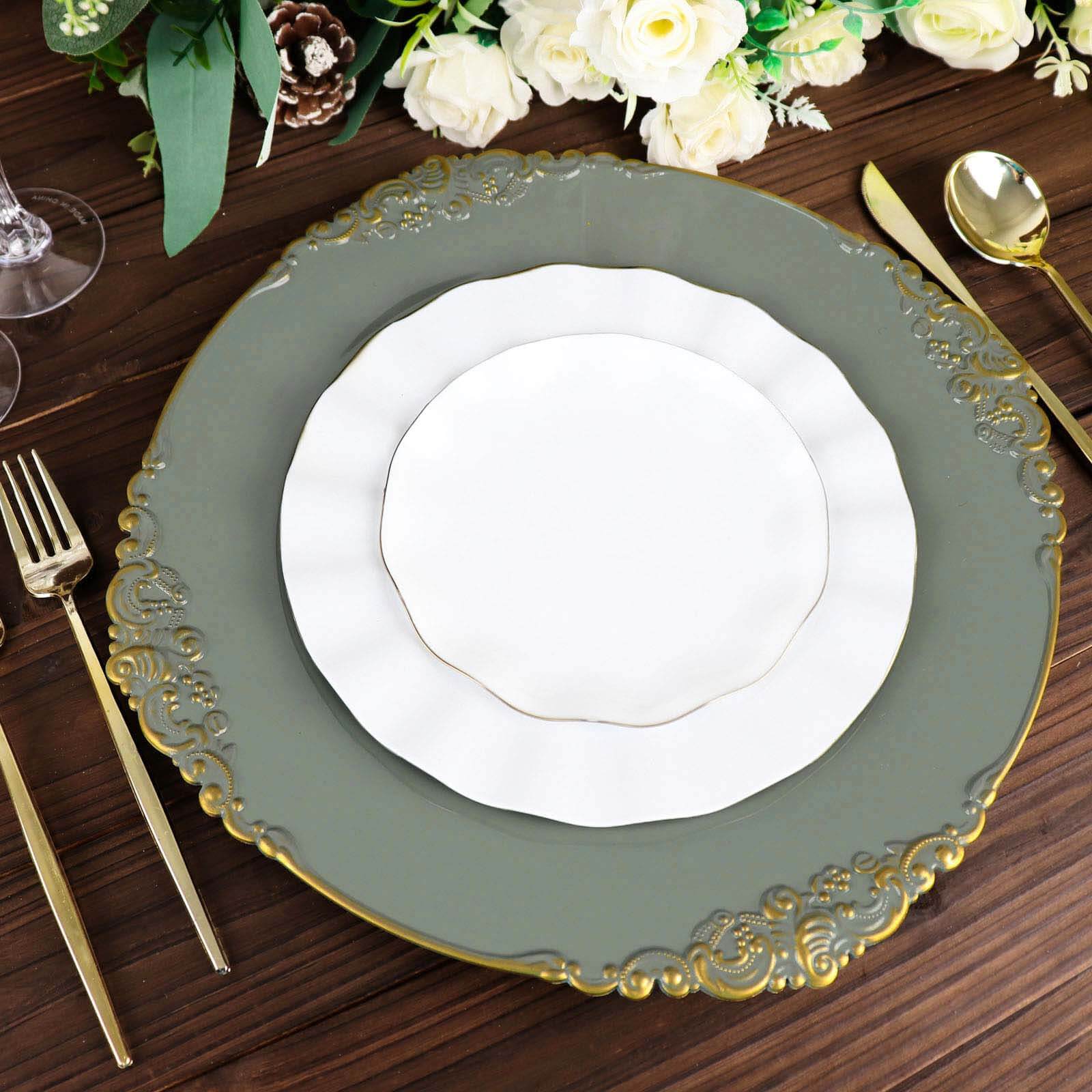 6-Pack Acrylic Charger Plates 13" Round Olive Green with Gold Embossed Baroque Rim - Antique Decorative Dinner Tableware - Image 2