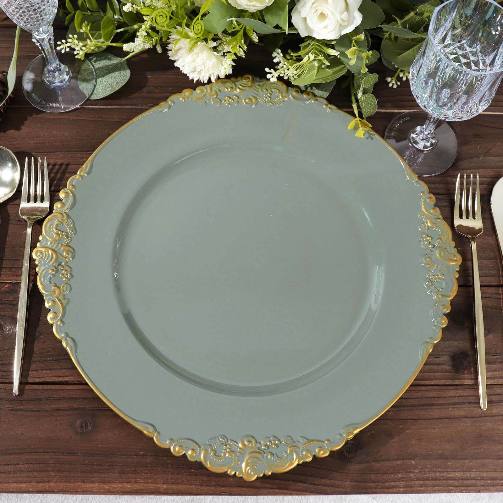 6-Pack Acrylic Charger Plates 13" Round Olive Green with Gold Embossed Baroque Rim - Antique Decorative Dinner Tableware - Image 6