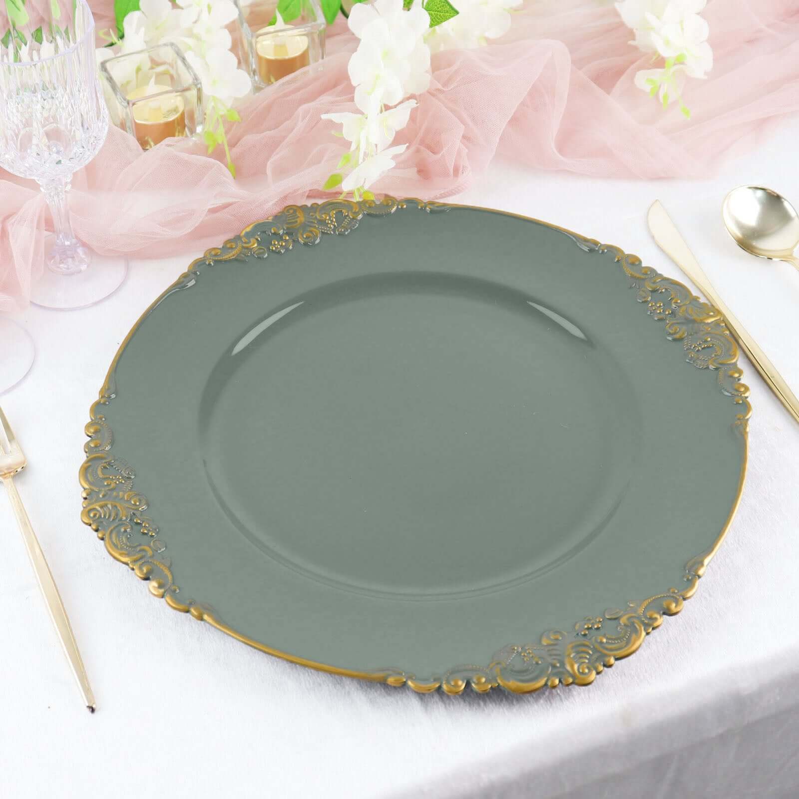6-Pack Acrylic Charger Plates 13" Round Olive Green with Gold Embossed Baroque Rim - Antique Decorative Dinner Tableware - Image 9