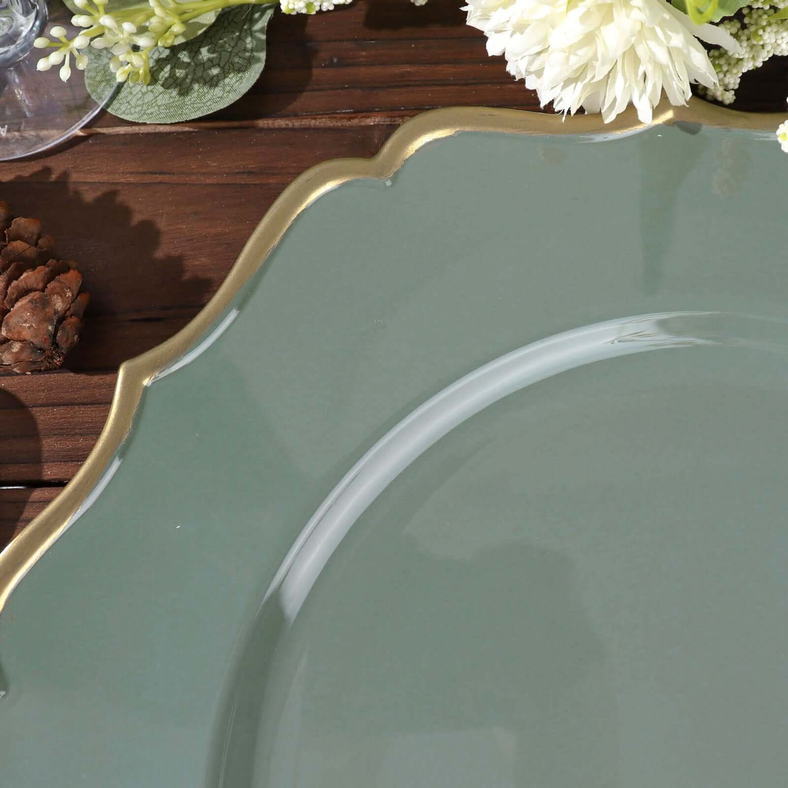 6-Pack Acrylic Charger Plates 13" Round Olive Green with Gold Scalloped Rim - Dinner Plastic Charger Tableware - Image 6