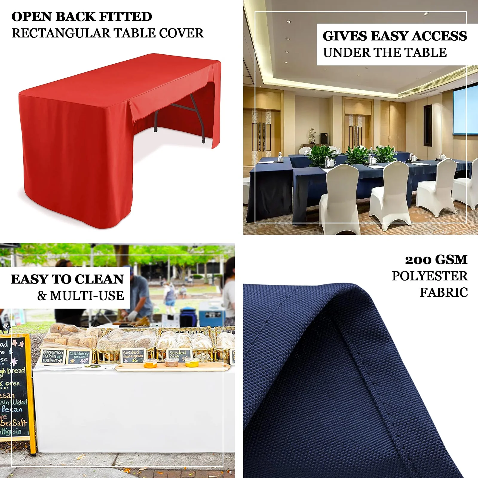 Open Back Fitted Polyester Rectangle Tablecloth 72"x30" Black - Trade Show Table Cover - Image 4