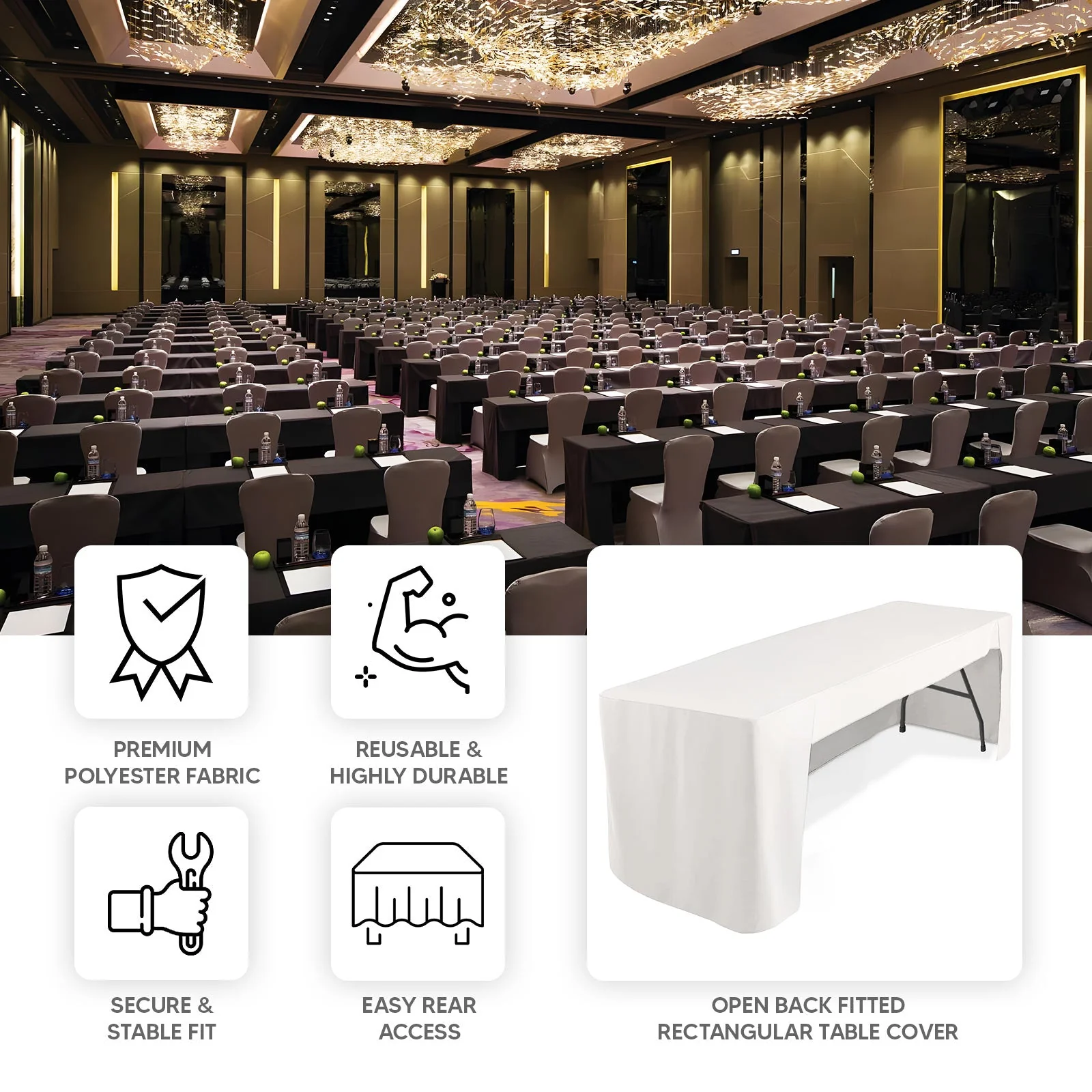 Open Back Fitted Polyester Rectangle Tablecloth 96"x30" Black - Ideal for Trade Shows and Events - Image 3