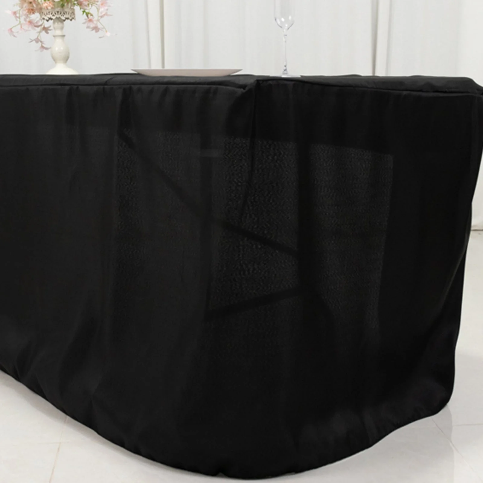 Open Back Fitted Polyester Rectangle Tablecloth 96"x30" Black - Ideal for Trade Shows and Events - Image 5