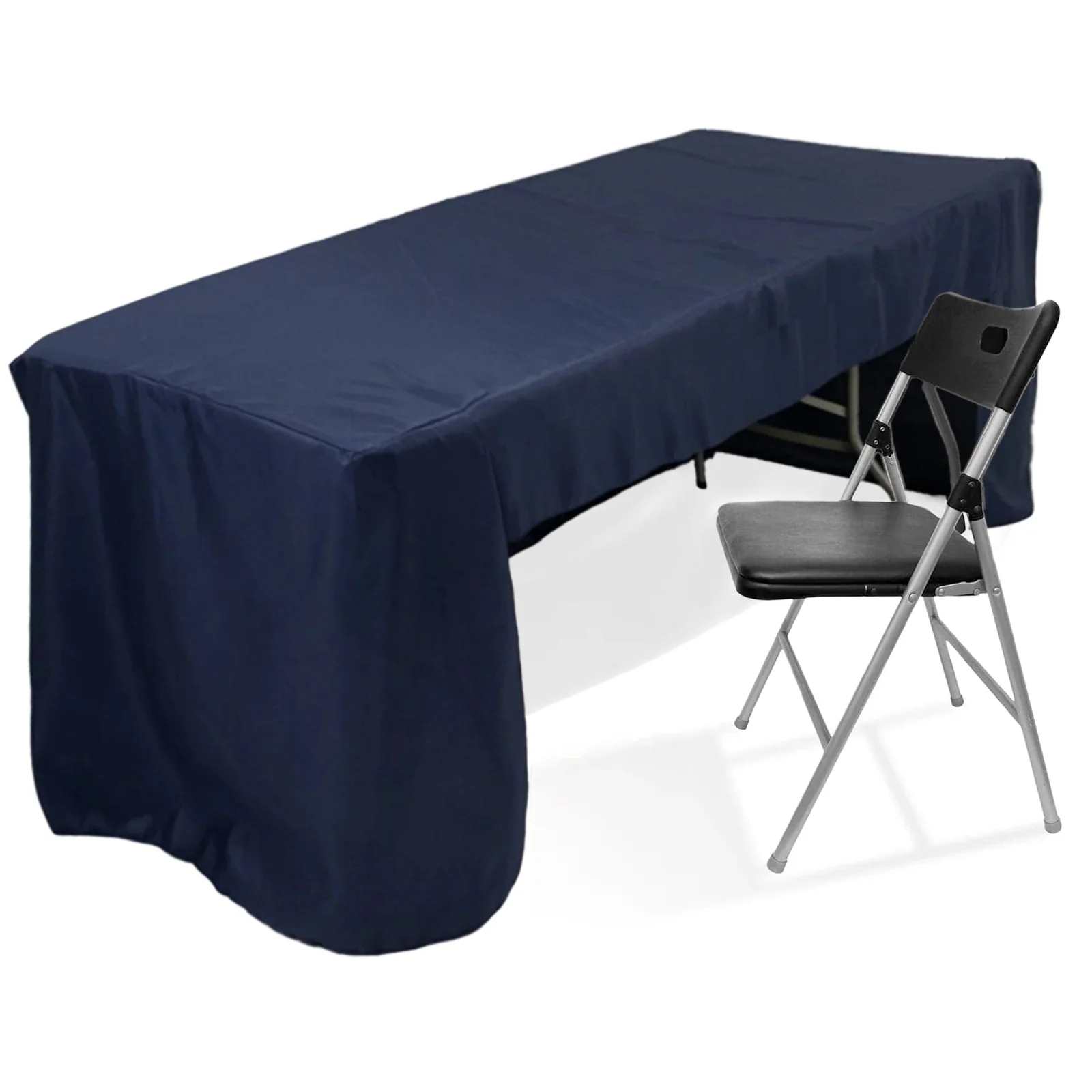 Open Back Fitted Polyester Rectangle Tablecloth 96"x30" Navy Blue - Ideal for Trade Shows and Events