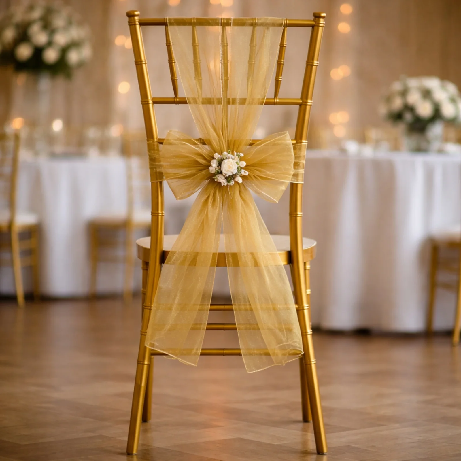 20 Pack Organza Chair Sashes 6"x108" Gold – Reusable Sheer Wedding Chair Bows - Image 6