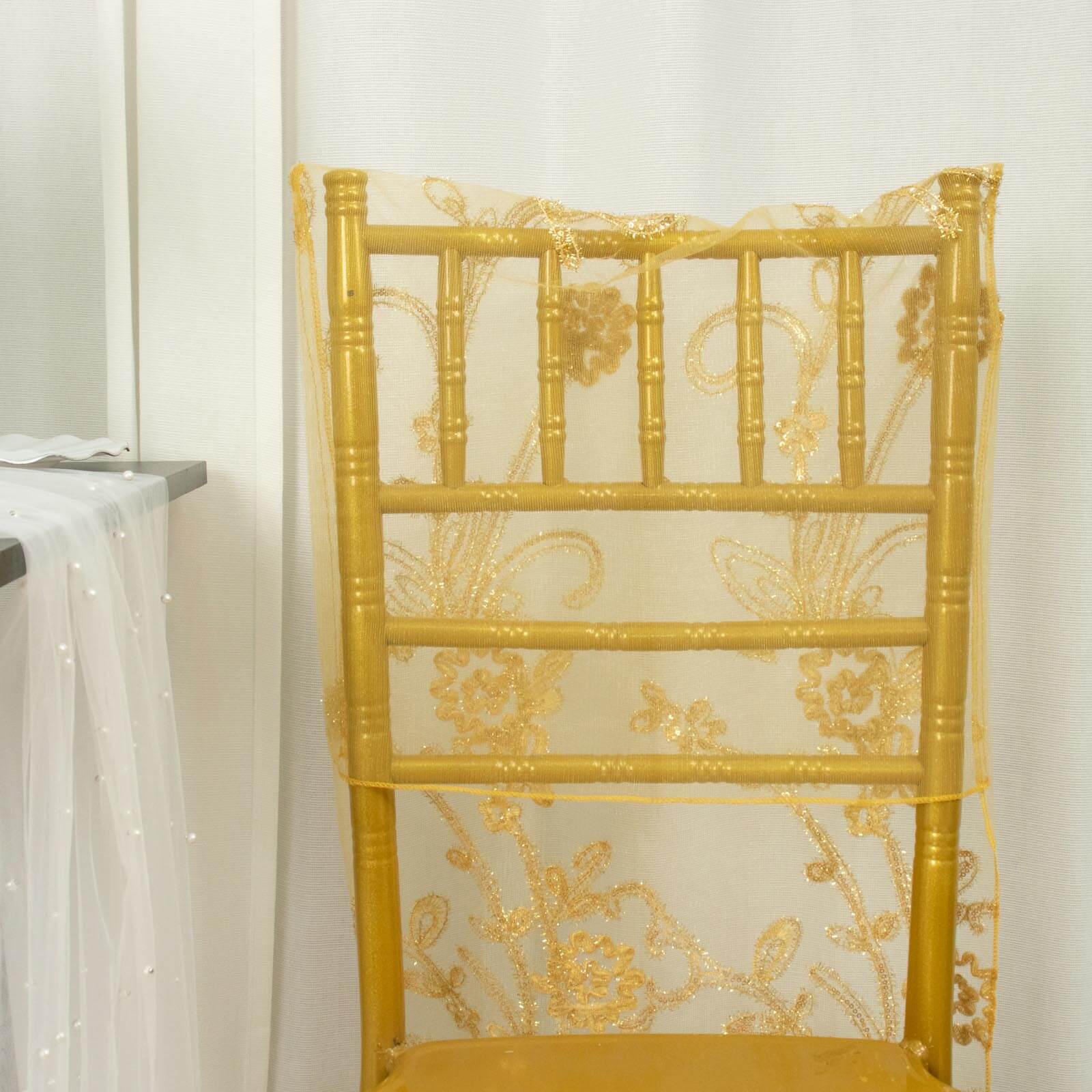 Organza Chair Slipcover Gold with Embroidered Floral Sequin - Chiavari Chair Back Lace Cover - Image 10