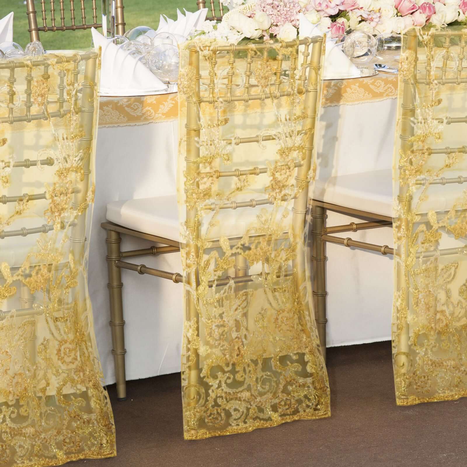 Organza Chair Slipcover Gold with Embroidered Floral Sequin - Chiavari Chair Back Lace Cover - Image 3