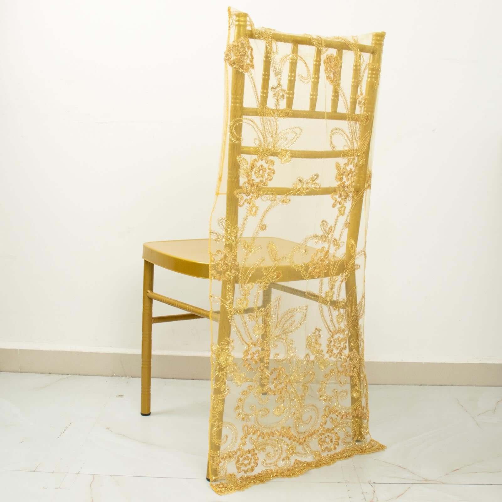 Organza Chair Slipcover Gold with Embroidered Floral Sequin - Chiavari Chair Back Lace Cover - Image 4