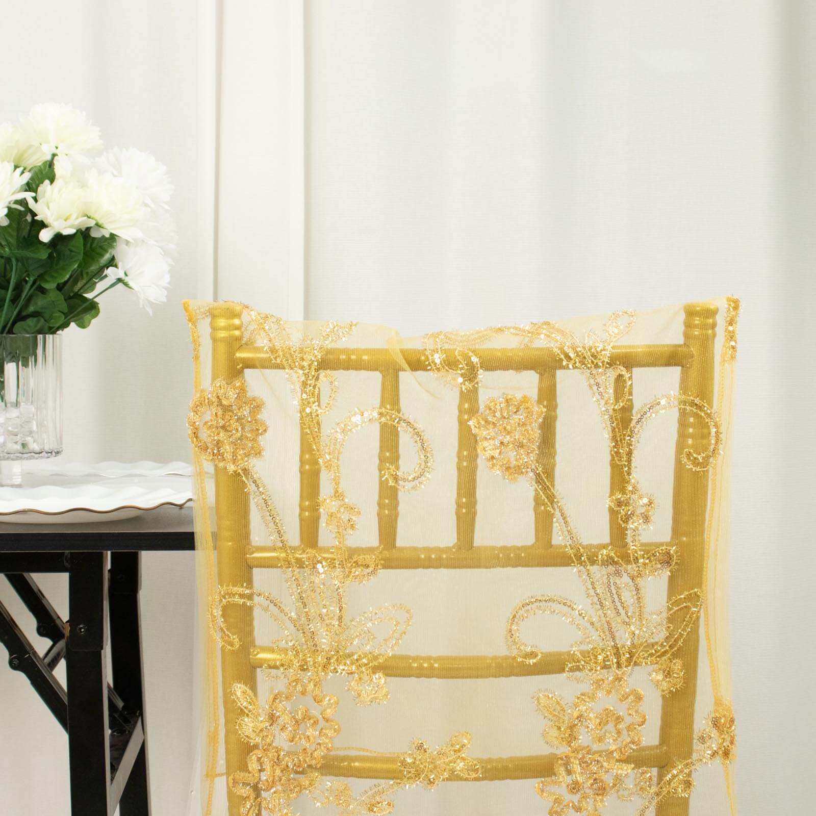 Organza Chair Slipcover Gold with Embroidered Floral Sequin - Chiavari Chair Back Lace Cover - Image 9