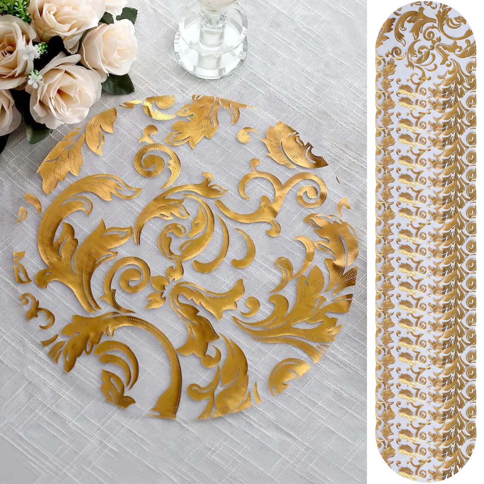 50-Pack Organza Table Placemats 13" Round Swirl Foil Floral Design Metallic Gold - Sheer Disposable Dining Mats