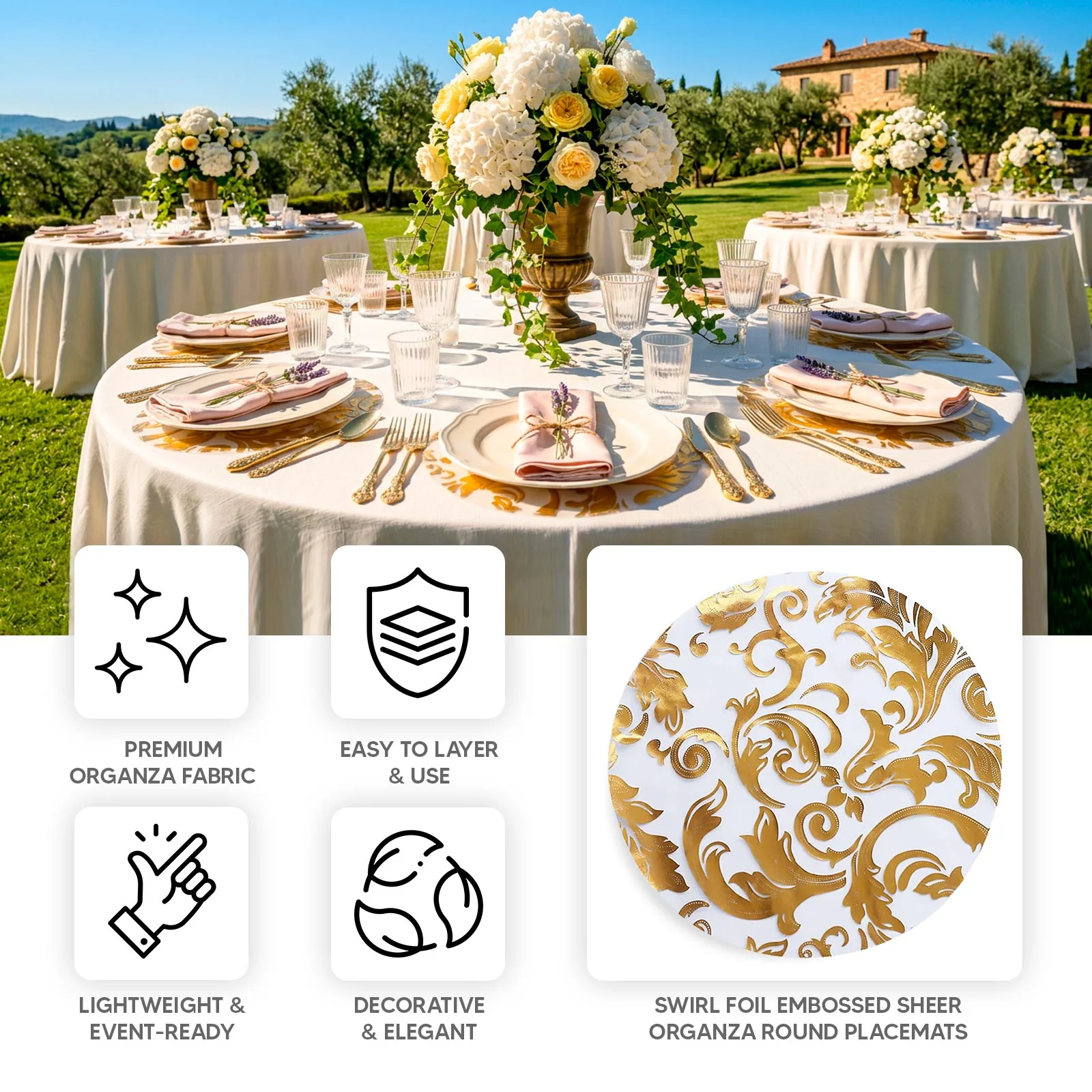 50-Pack Organza Table Placemats 13" Round Swirl Foil Floral Design Metallic Gold - Sheer Disposable Dining Mats - Image 4