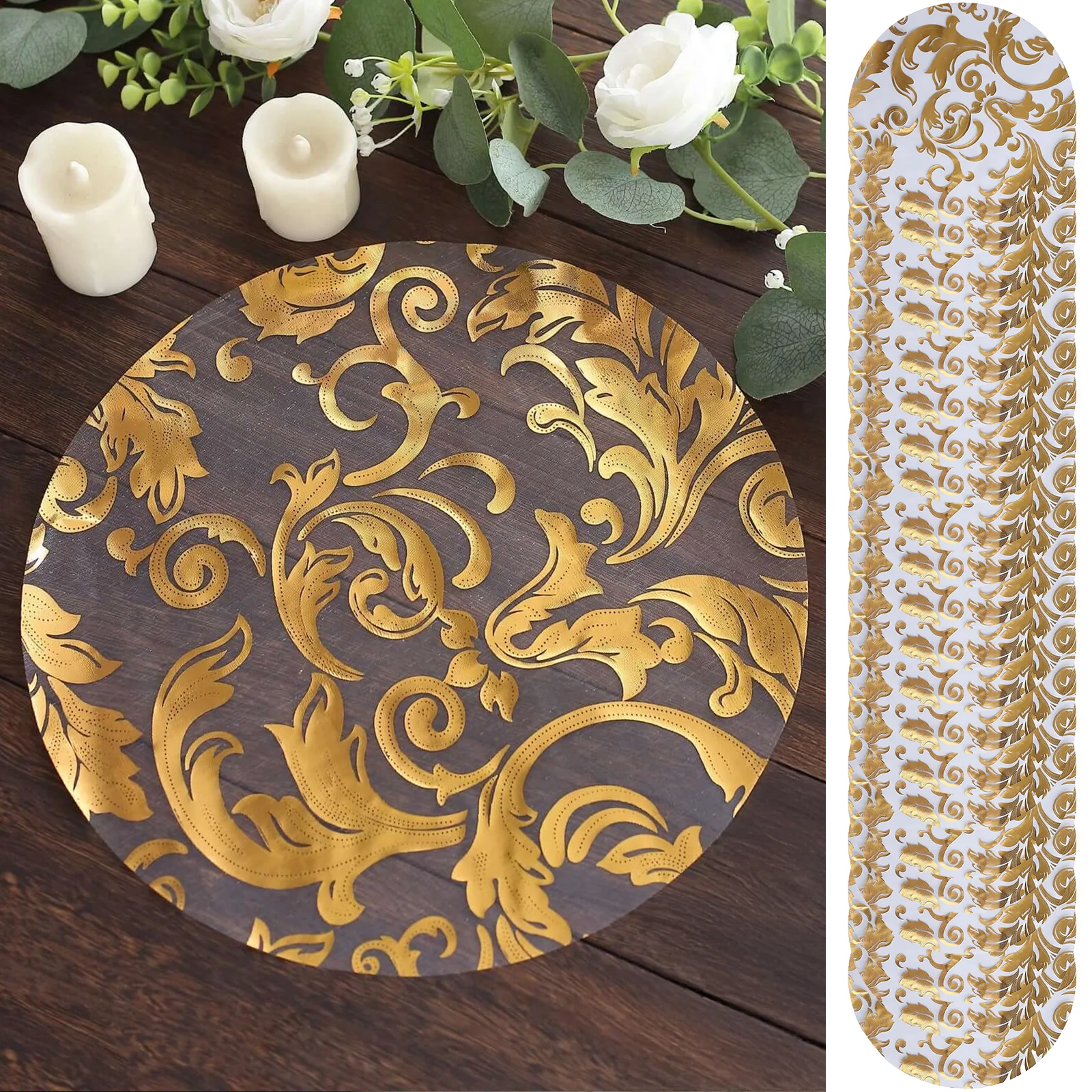 50-Pack Organza Table Placemats 13" Round Swirl Foil Floral Design Metallic Gold - Sheer Disposable Dining Mats - Image 7