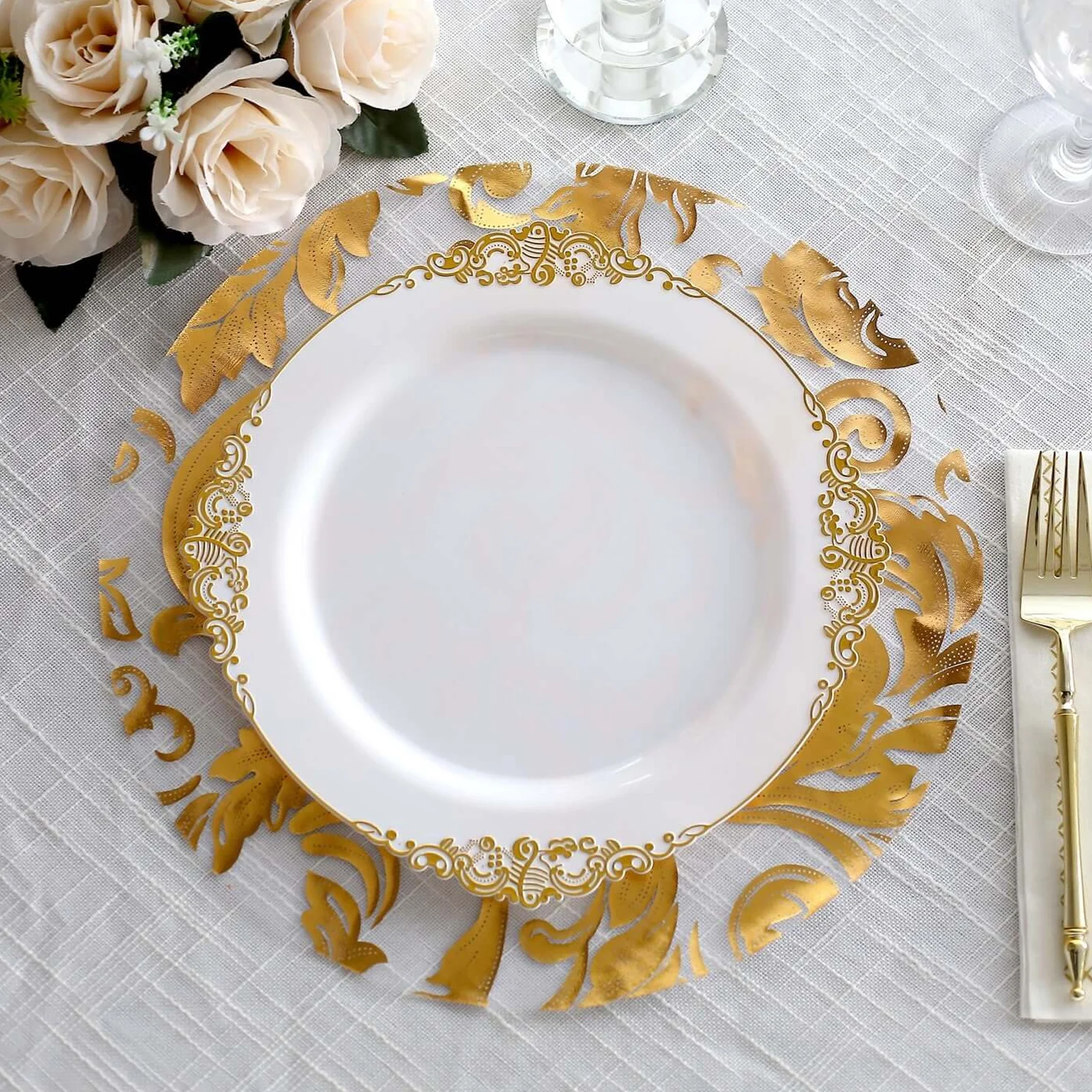 50-Pack Organza Table Placemats 13" Round Swirl Foil Floral Design Metallic Gold - Sheer Disposable Dining Mats - Image 8