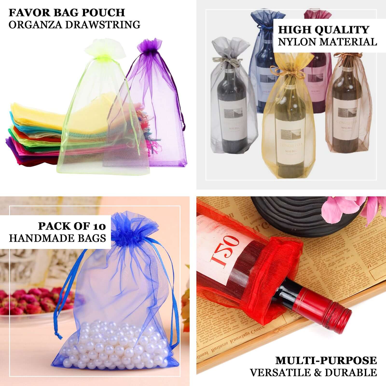 100 Pack Black Organza Wine Bags with Drawstring, 6" x 15" – Wedding Party Favor & Bottle Gift Bags - Image 4