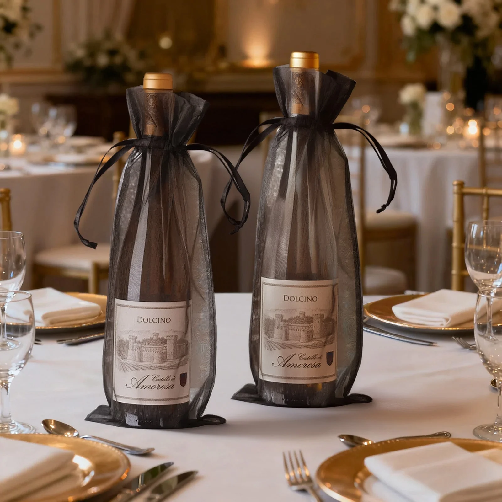 100 Pack Black Organza Wine Bags with Drawstring, 6" x 15" – Wedding Party Favor & Bottle Gift Bags - Image 6