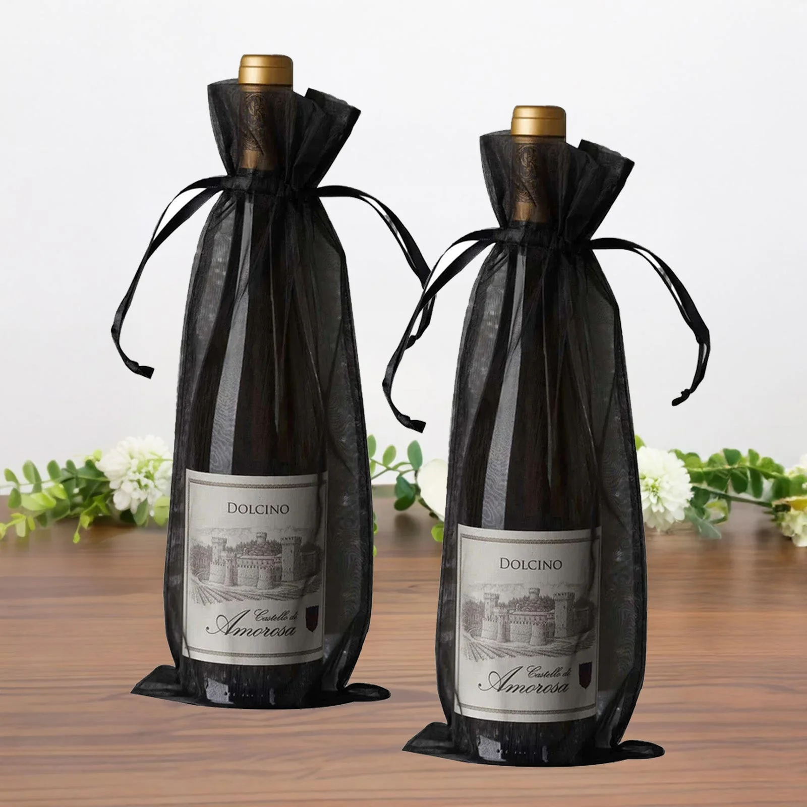 100 Pack Black Organza Wine Bags with Drawstring, 6" x 15" – Wedding Party Favor & Bottle Gift Bags - Image 7