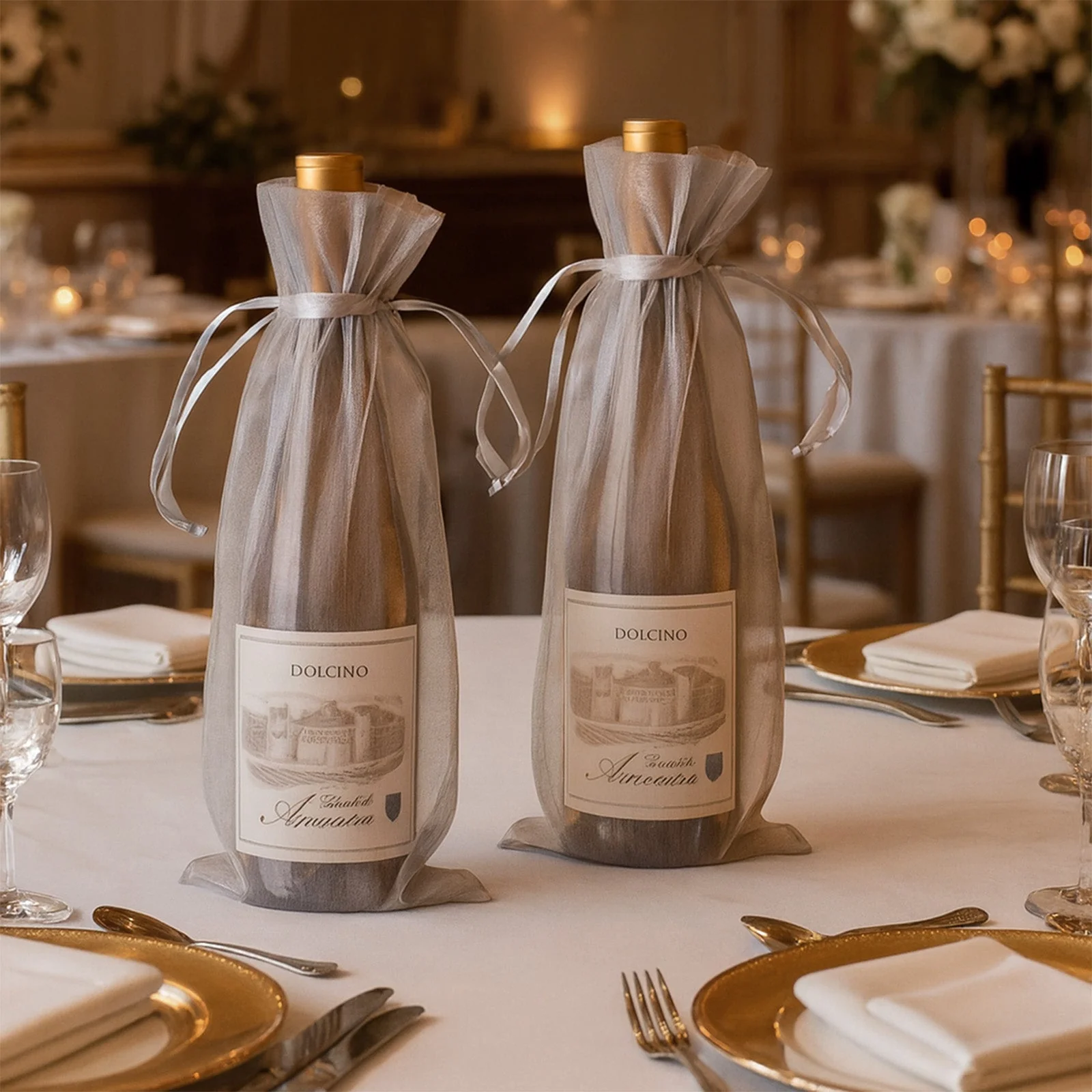 100 Pack Silver Organza Wine Bags with Drawstring, 6" x 15" – Wedding Party Favor & Bottle Gift Bags - Image 6