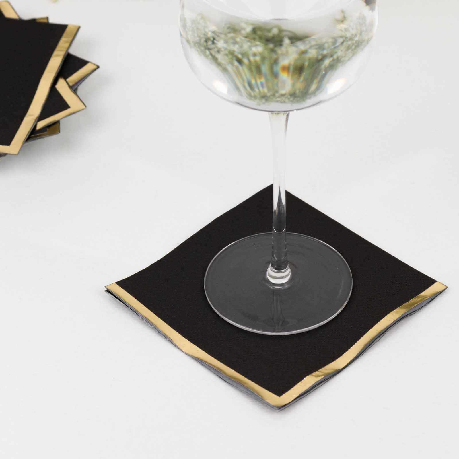 50-Pack Paper Beverage Napkins 2 Ply Black with Gold Foil Edge 5"x5" - Soft Disposable Cocktail Napkins 18GSM - Image 4
