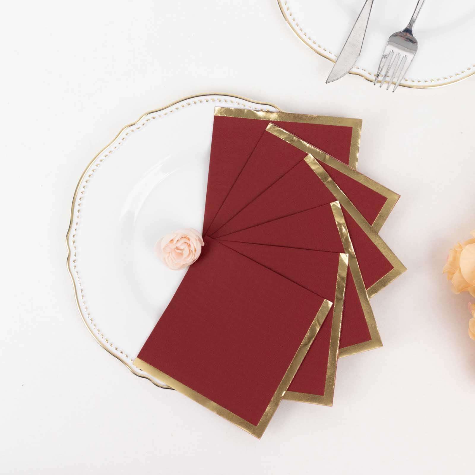 50-Pack Paper Beverage Napkins 2 Ply Burgundy with Gold Foil Edge 5"x5" - Soft Disposable Cocktail Napkins 18GSM - Image 5