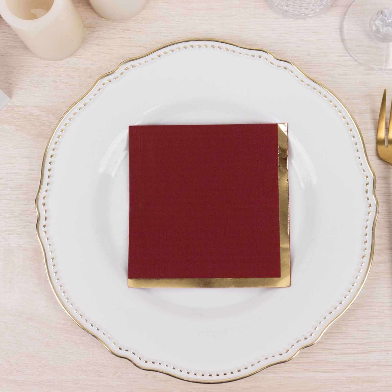 50-Pack Paper Beverage Napkins 2 Ply Burgundy with Gold Foil Edge 5"x5" - Soft Disposable Cocktail Napkins 18GSM - Image 6