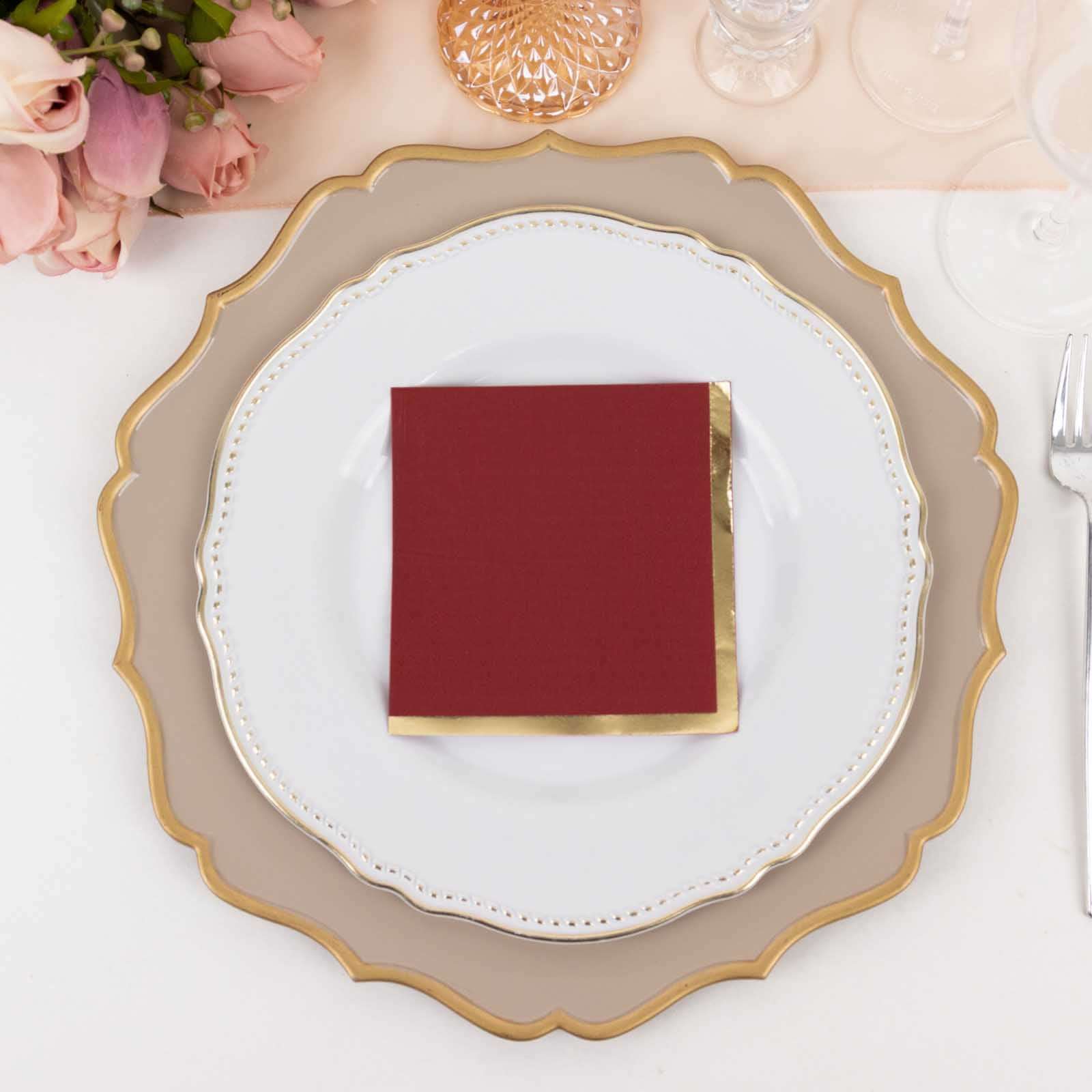 50-Pack Paper Beverage Napkins 2 Ply Burgundy with Gold Foil Edge 5"x5" - Soft Disposable Cocktail Napkins 18GSM - Image 8
