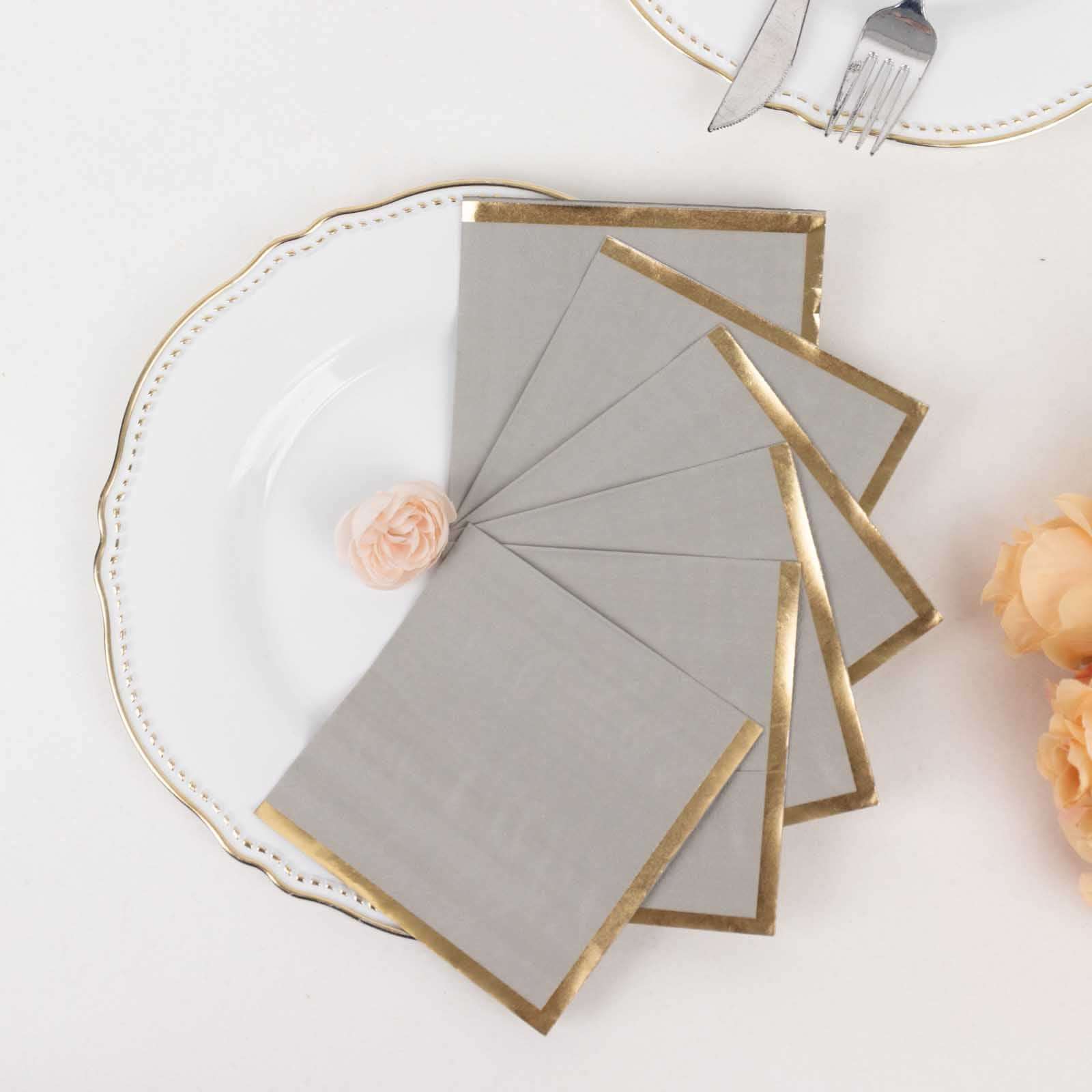 50-Pack Paper Beverage Napkins 2 Ply Gray with Gold Foil Edge 5"x5" - Soft Disposable Cocktail Napkins 18GSM - Image 5