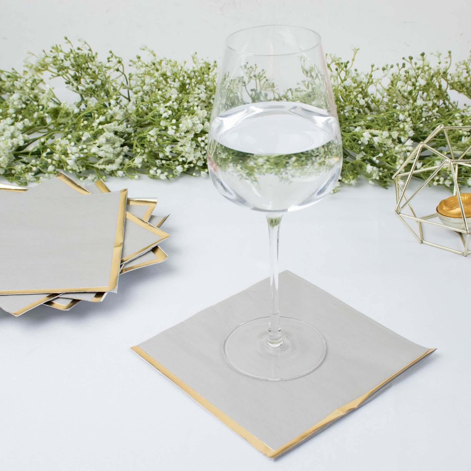 50-Pack Paper Beverage Napkins 2 Ply Gray with Gold Foil Edge 6.5"x6.5" - Soft Disposable Cocktail Napkins - Image 2