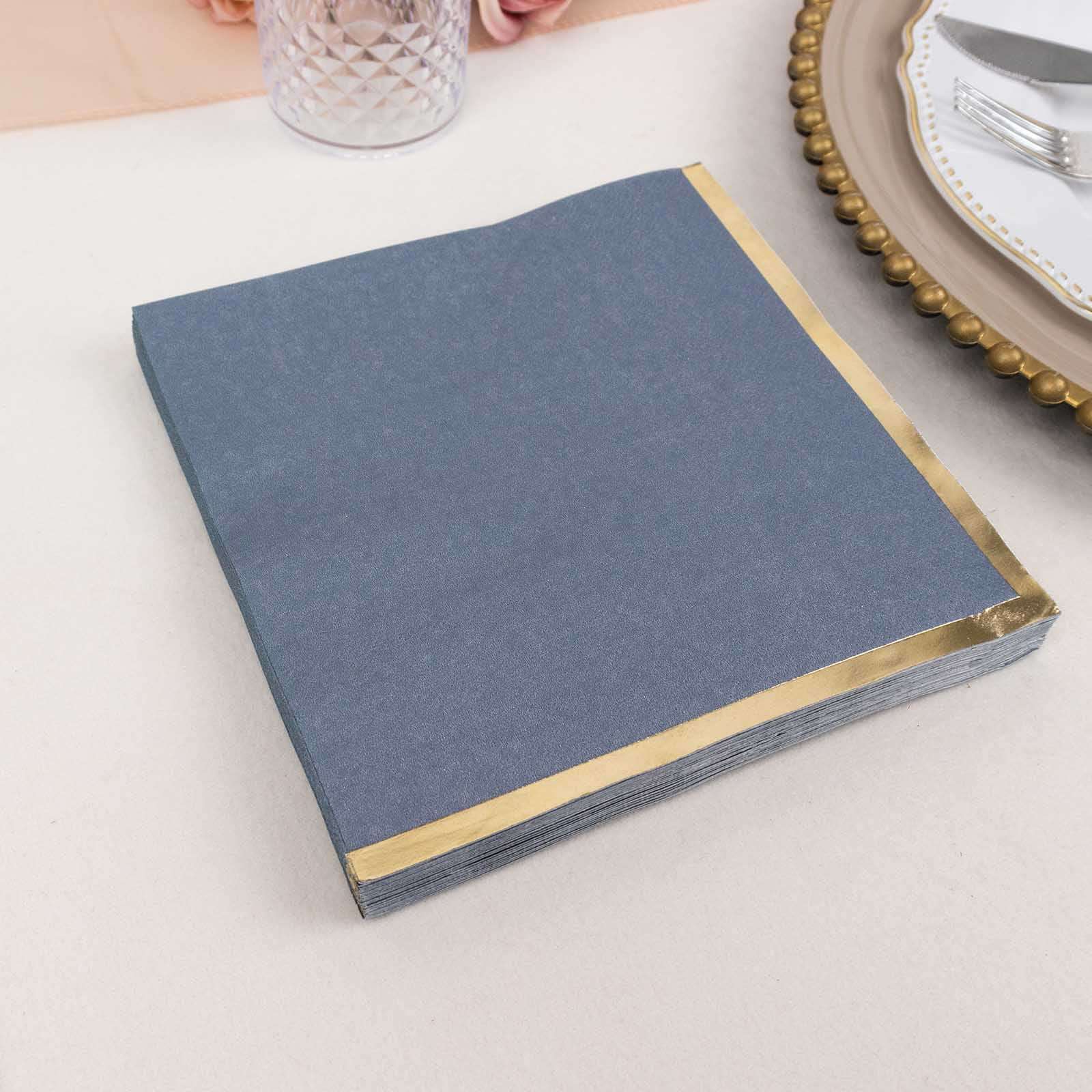 50-Pack Paper Beverage Napkins 2 Ply Dusty Blue with Gold Foil Edge 6.5"x6.5" - Soft Disposable Cocktail Napkins