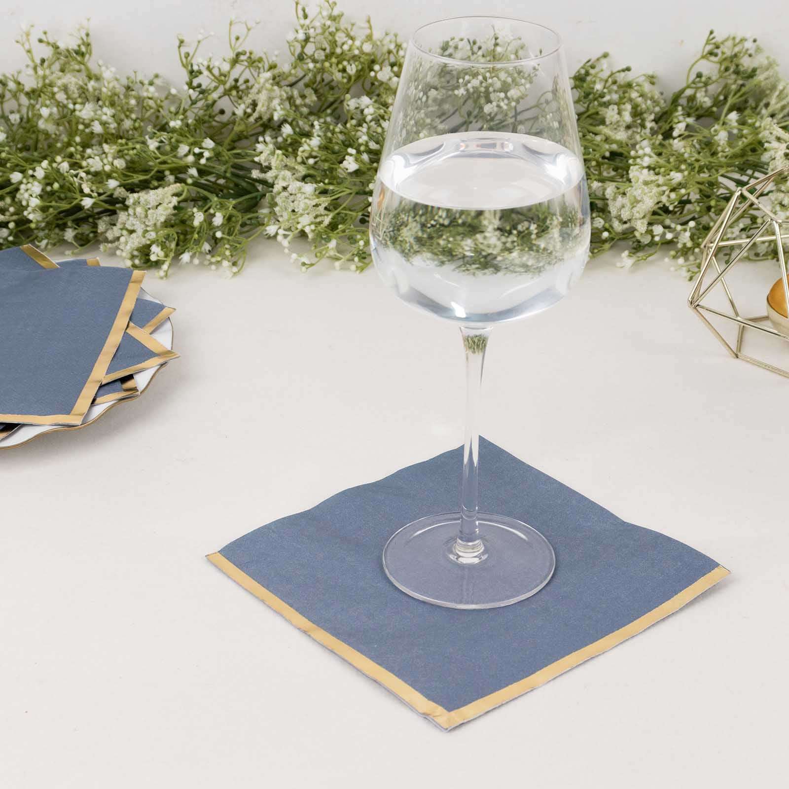 50-Pack Paper Beverage Napkins 2 Ply Dusty Blue with Gold Foil Edge 6.5"x6.5" - Soft Disposable Cocktail Napkins - Image 2