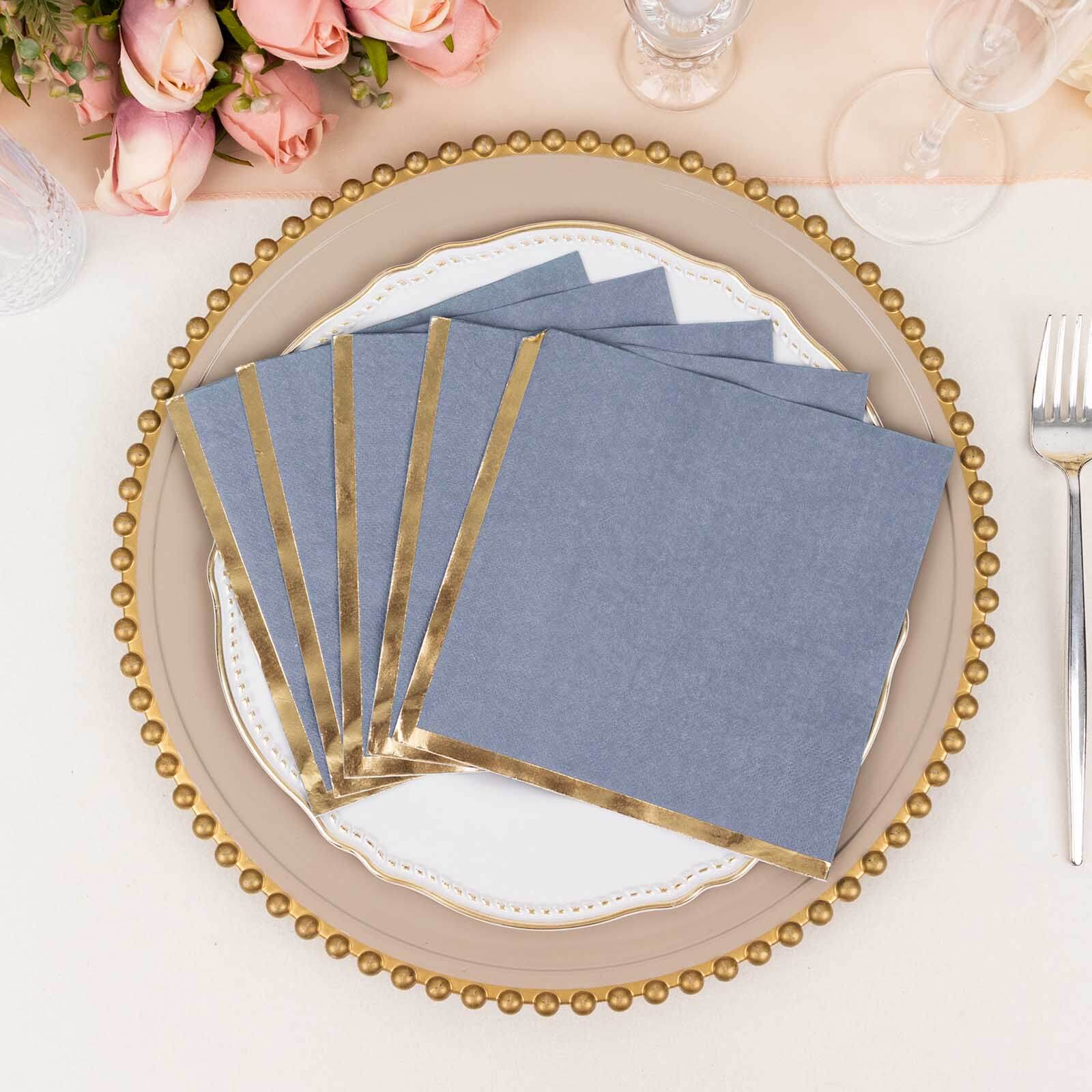 50-Pack Paper Beverage Napkins 2 Ply Dusty Blue with Gold Foil Edge 6.5"x6.5" - Soft Disposable Cocktail Napkins - Image 5