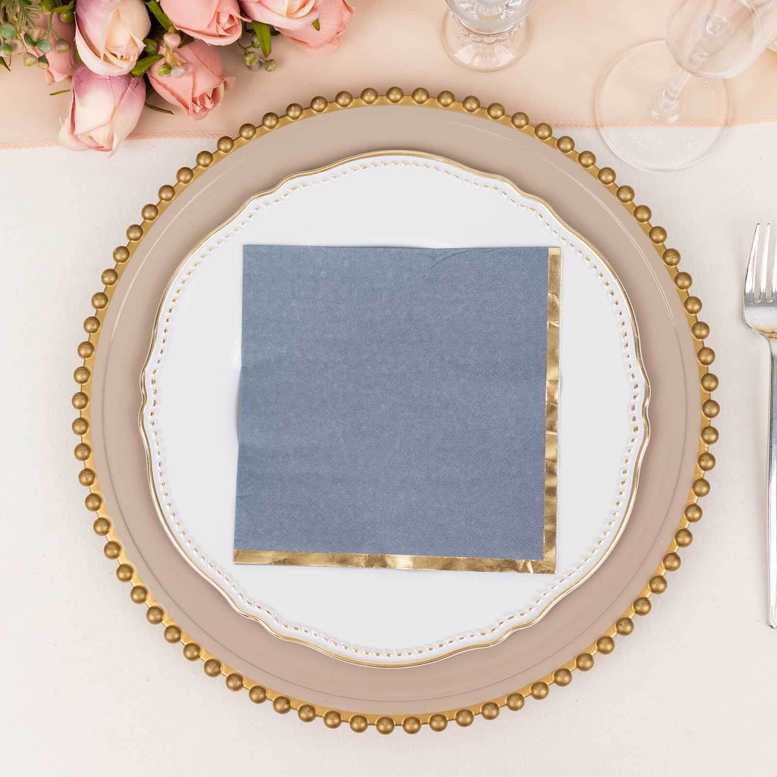 50-Pack Paper Beverage Napkins 2 Ply Dusty Blue with Gold Foil Edge 6.5"x6.5" - Soft Disposable Cocktail Napkins - Image 6