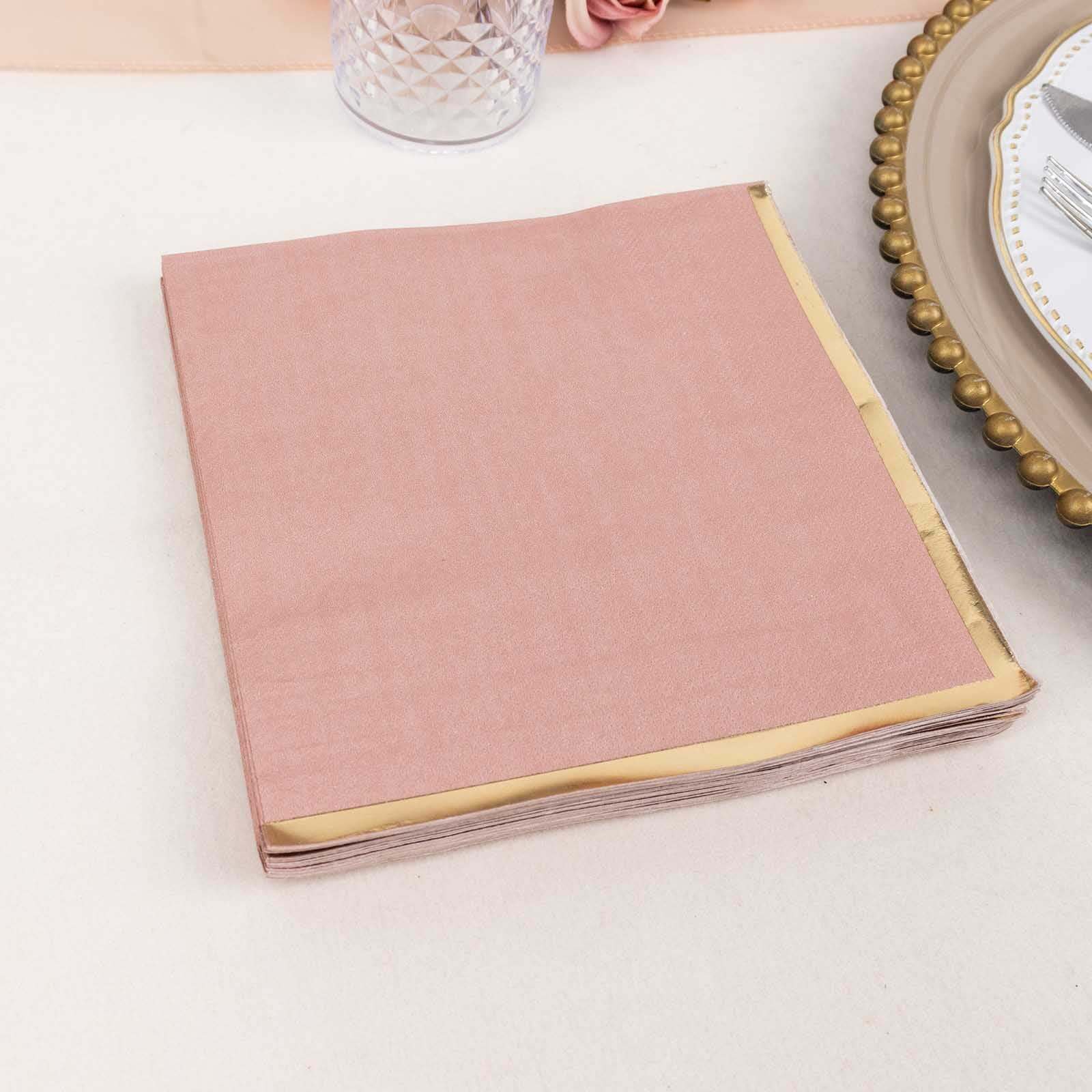 50-Pack Paper Beverage Napkins 2 Ply Dusty Rose with Gold Foil Edge 6.5"x6.5" - Soft Disposable Cocktail Napkins