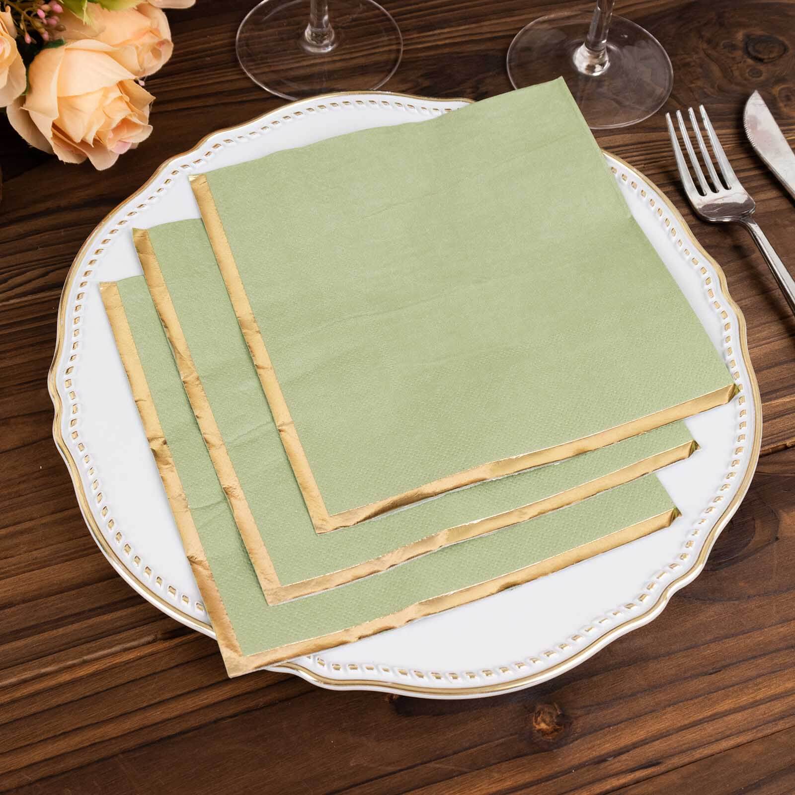 50-Pack Paper Beverage Napkins 2 Ply Sage Green with Gold Foil Edge 6.5"x6.5" - Soft Disposable Cocktail Napkins - Image 5