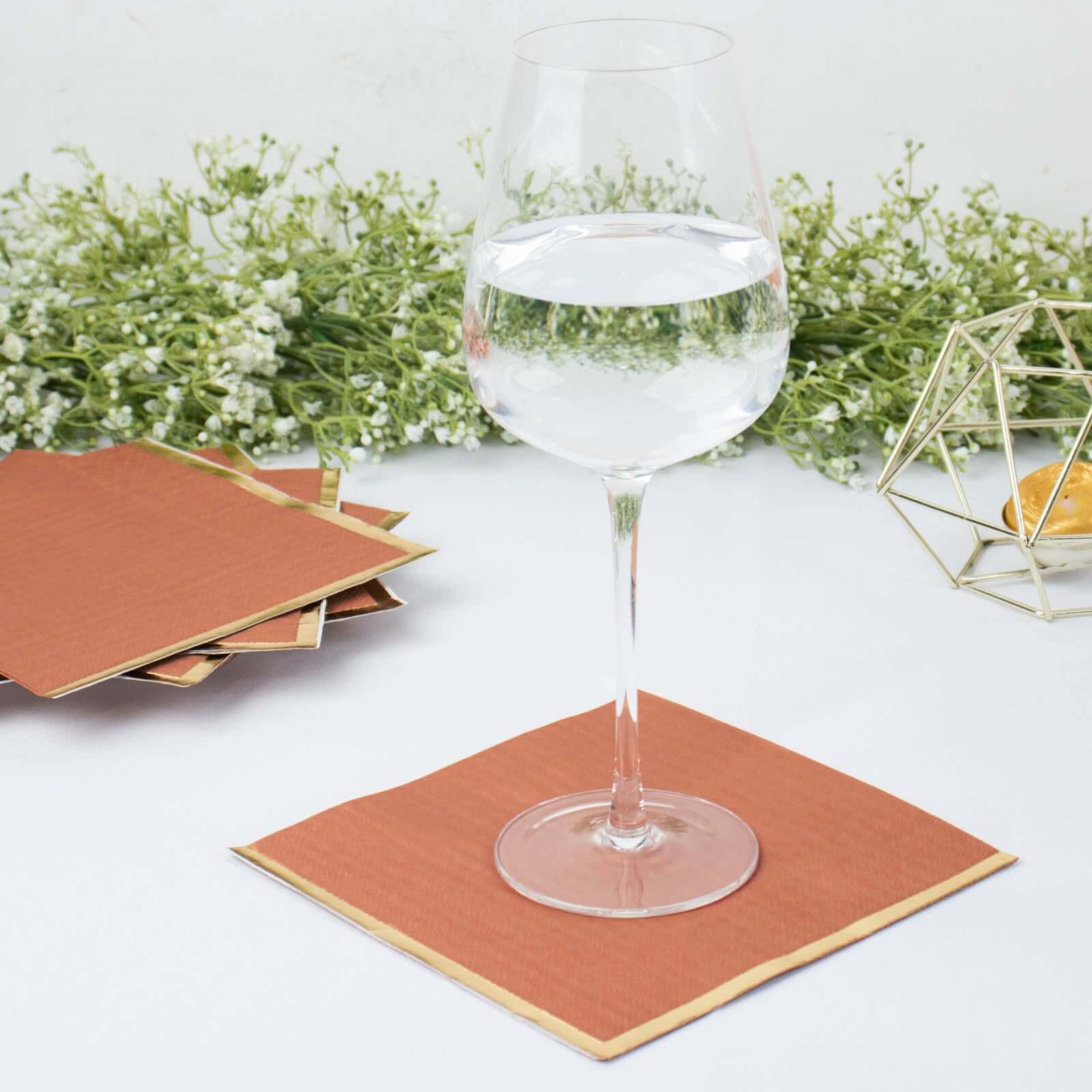50-Pack Paper Beverage Napkins 2 Ply Terracotta (Rust) with Gold Foil Edge 6.5"x6.5" - Soft Disposable Cocktail Napkins - Image 2