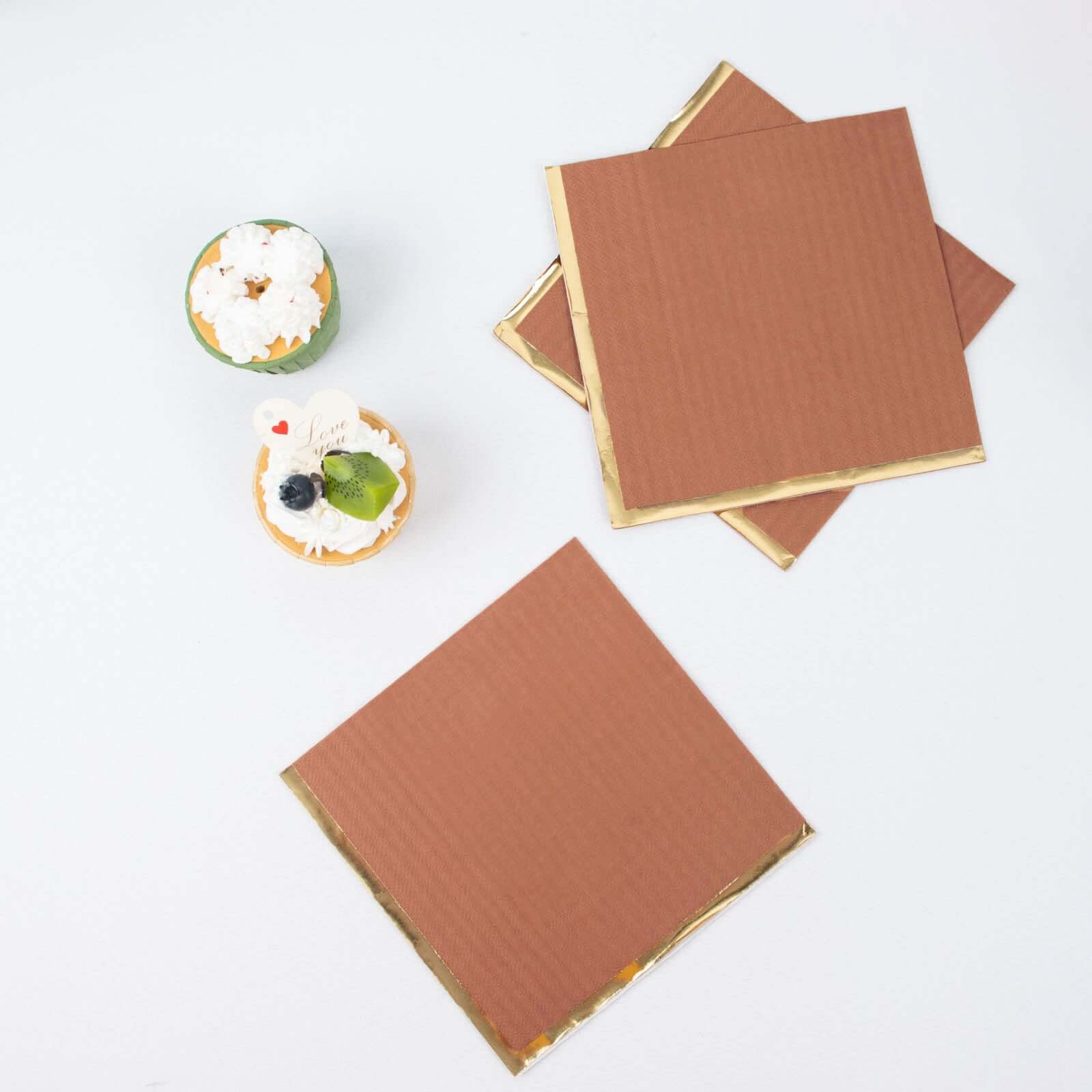 50-Pack Paper Beverage Napkins 2 Ply Terracotta (Rust) with Gold Foil Edge 6.5"x6.5" - Soft Disposable Cocktail Napkins - Image 6
