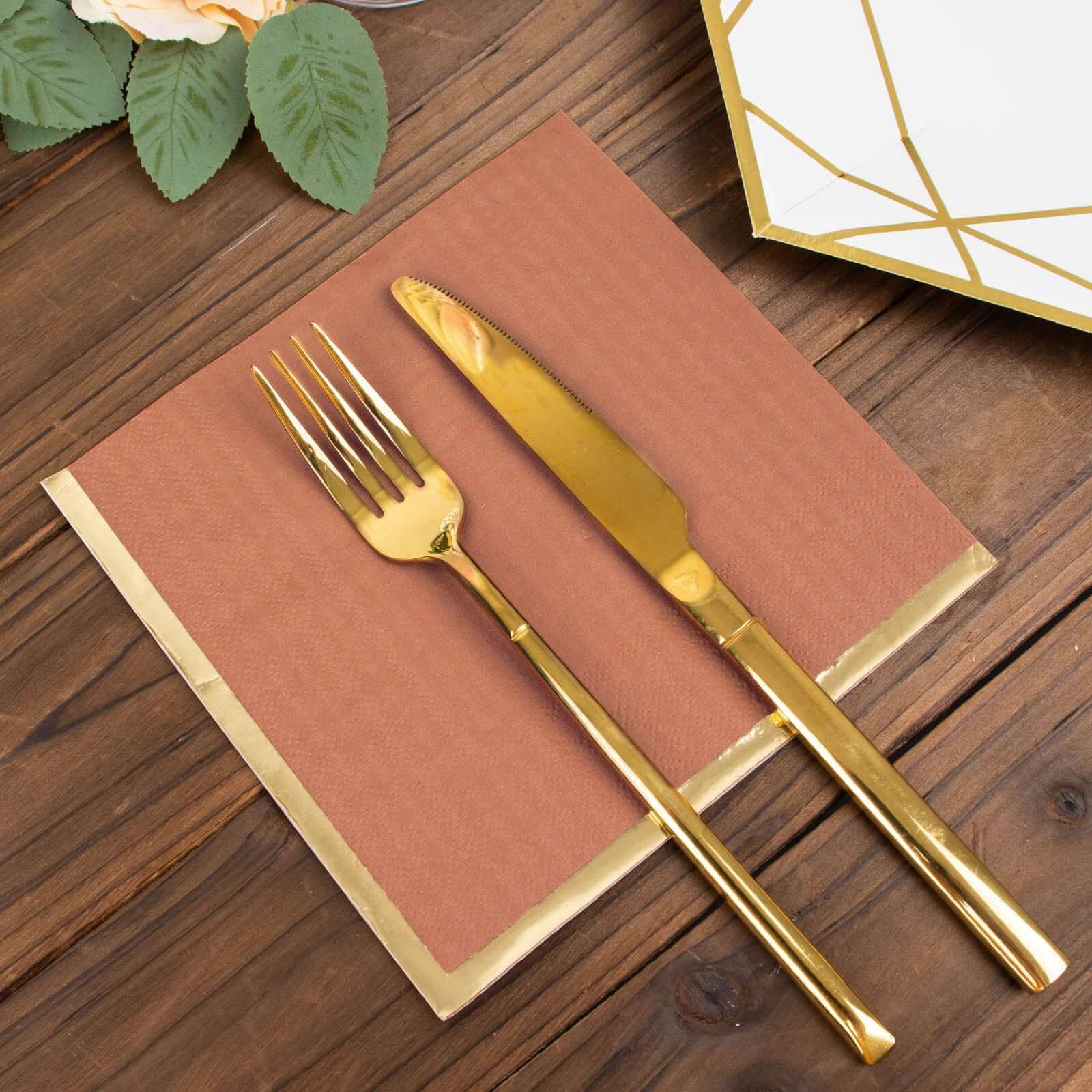 50-Pack Paper Beverage Napkins 2 Ply Terracotta (Rust) with Gold Foil Edge 6.5"x6.5" - Soft Disposable Cocktail Napkins - Image 8