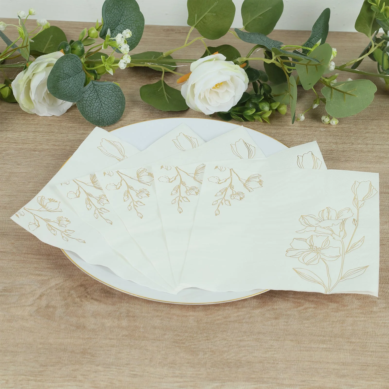 50-Pack Paper Cocktail Napkins 2 Ply White with Gold Lily Flowers Print - Soft and Highly Absorbent Beverage Napkins - Image 2