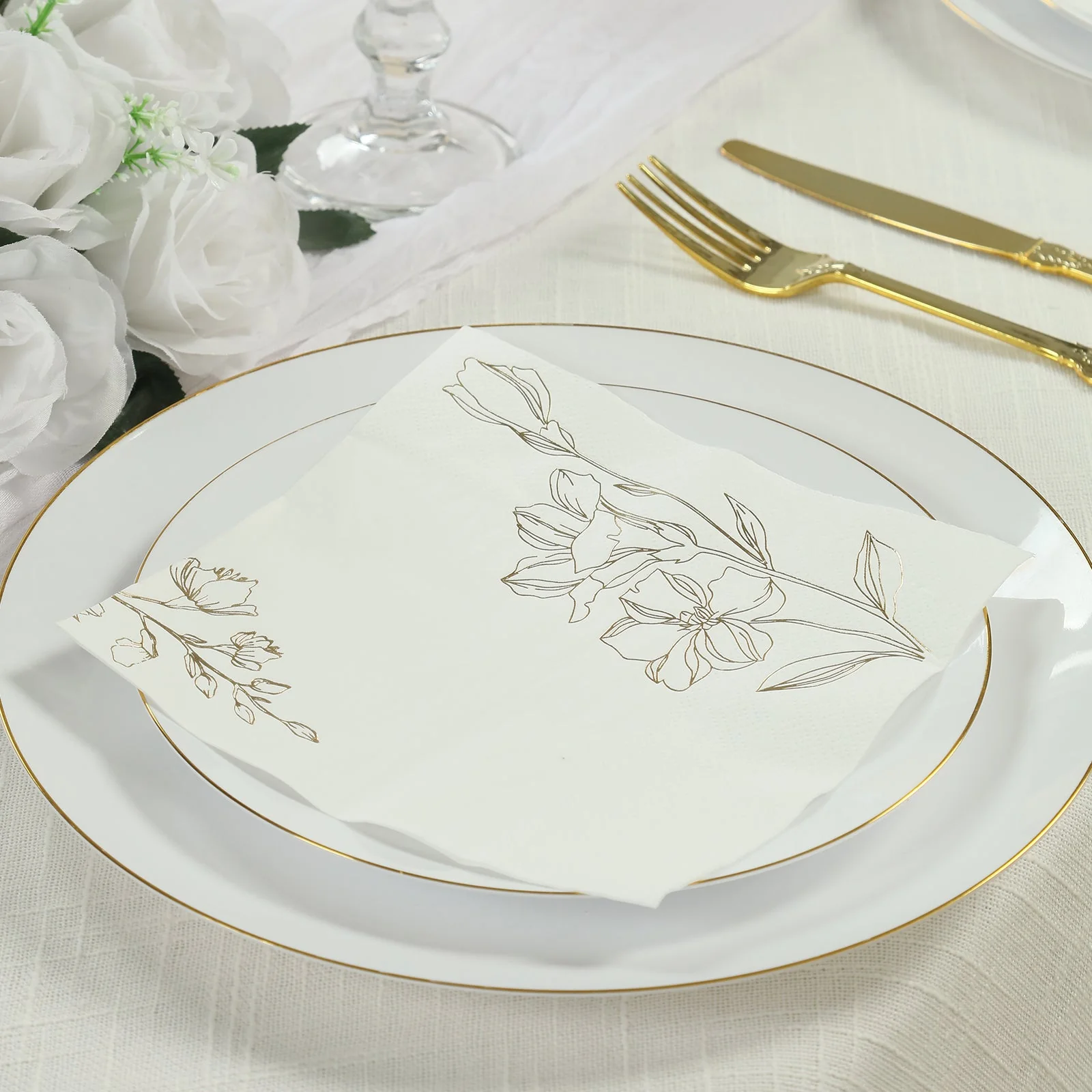 50-Pack Paper Cocktail Napkins 2 Ply White with Gold Lily Flowers Print - Soft and Highly Absorbent Beverage Napkins - Image 4